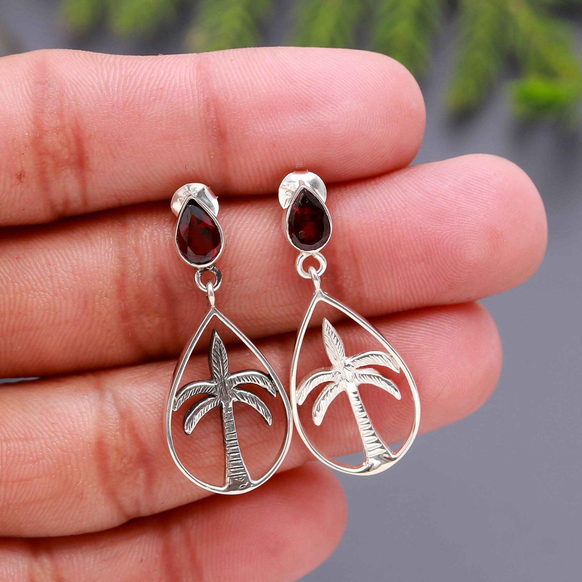 925 Silver Palm Tree Garnet Drop Earrings