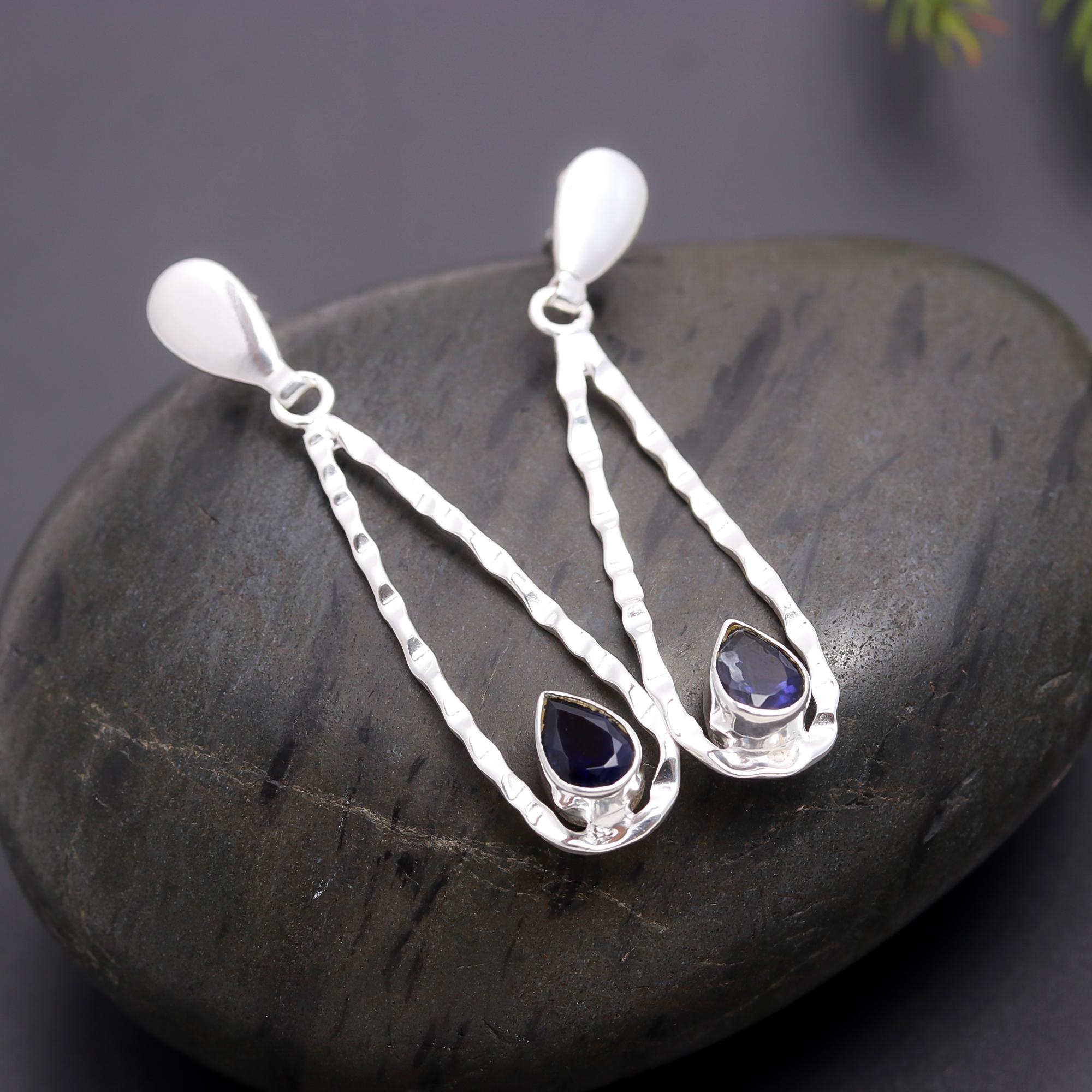 925 Silver Blue Sapphire Drop Earrings