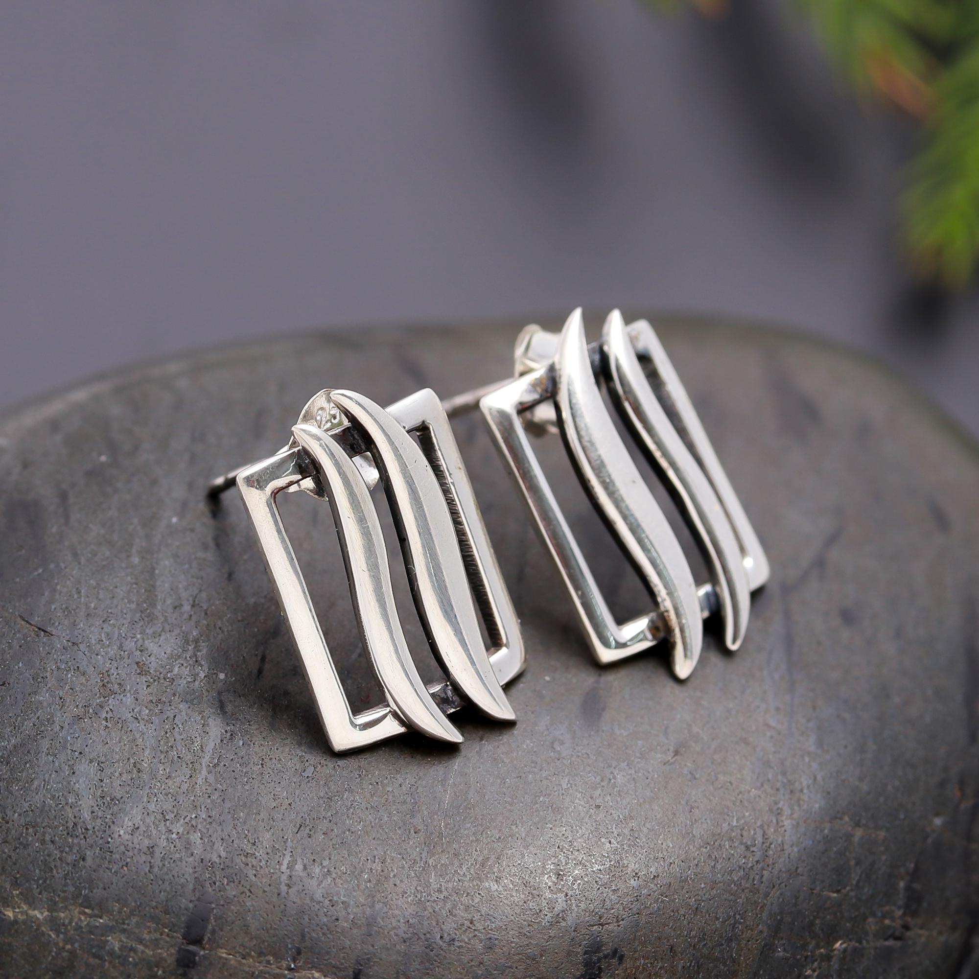 925 Silver Abstract Rectangle Stud Earrings