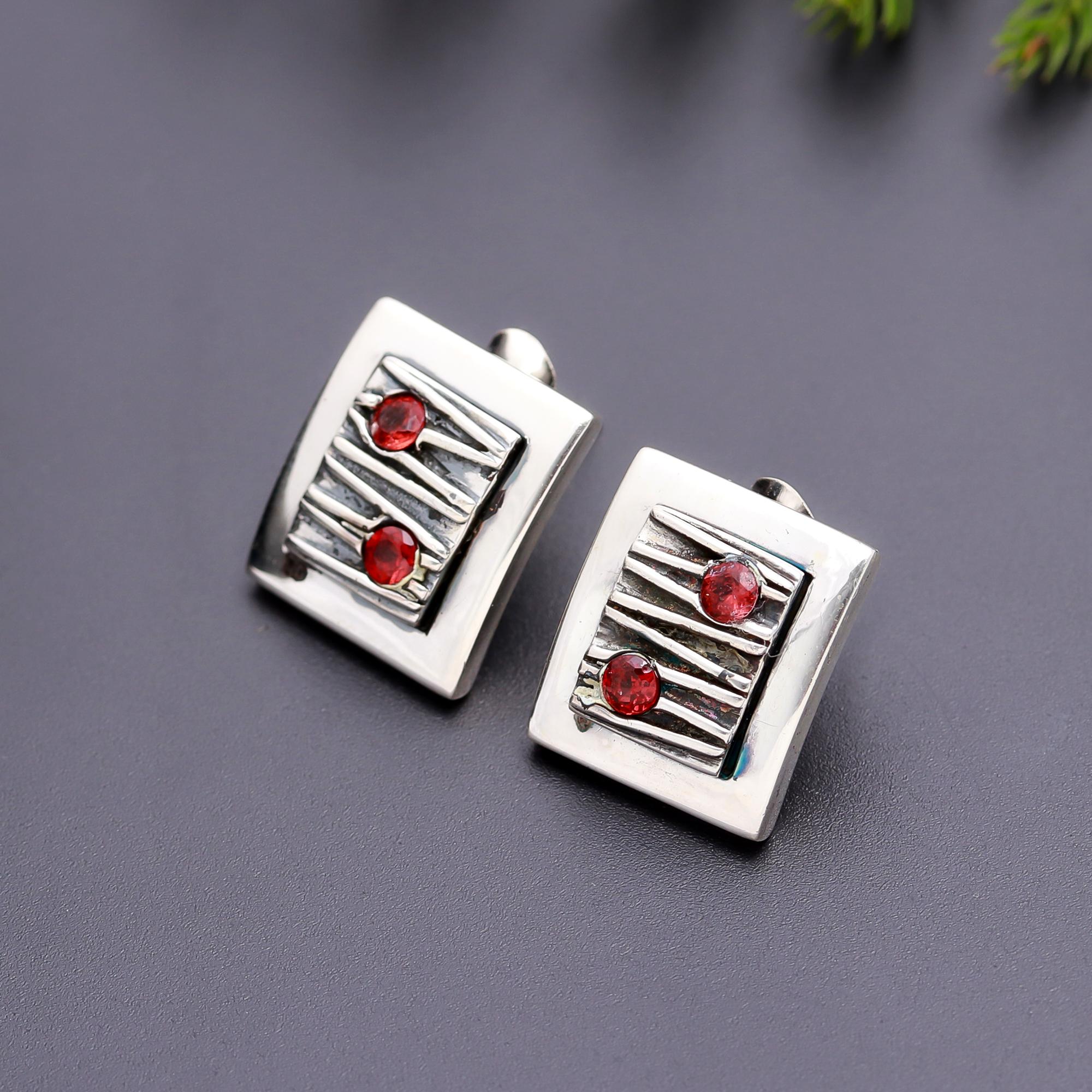 925 Silver Square Garnet Stud Earrings