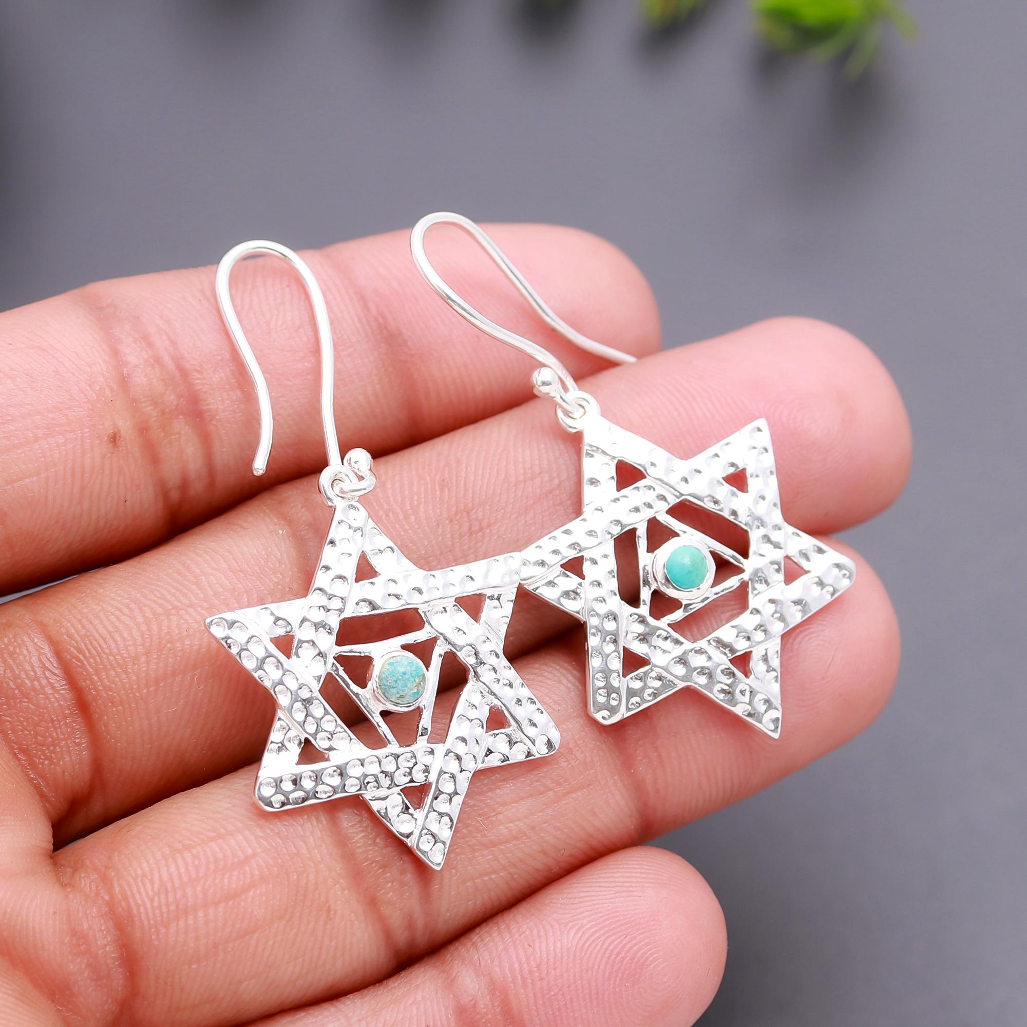 925 Silver Star of David Turquoise Dangle Earrings