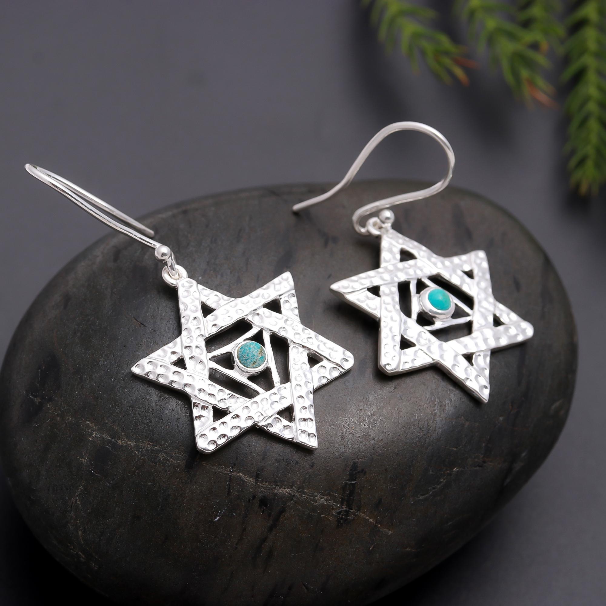 925 Silver Star of David Turquoise Dangle Earrings