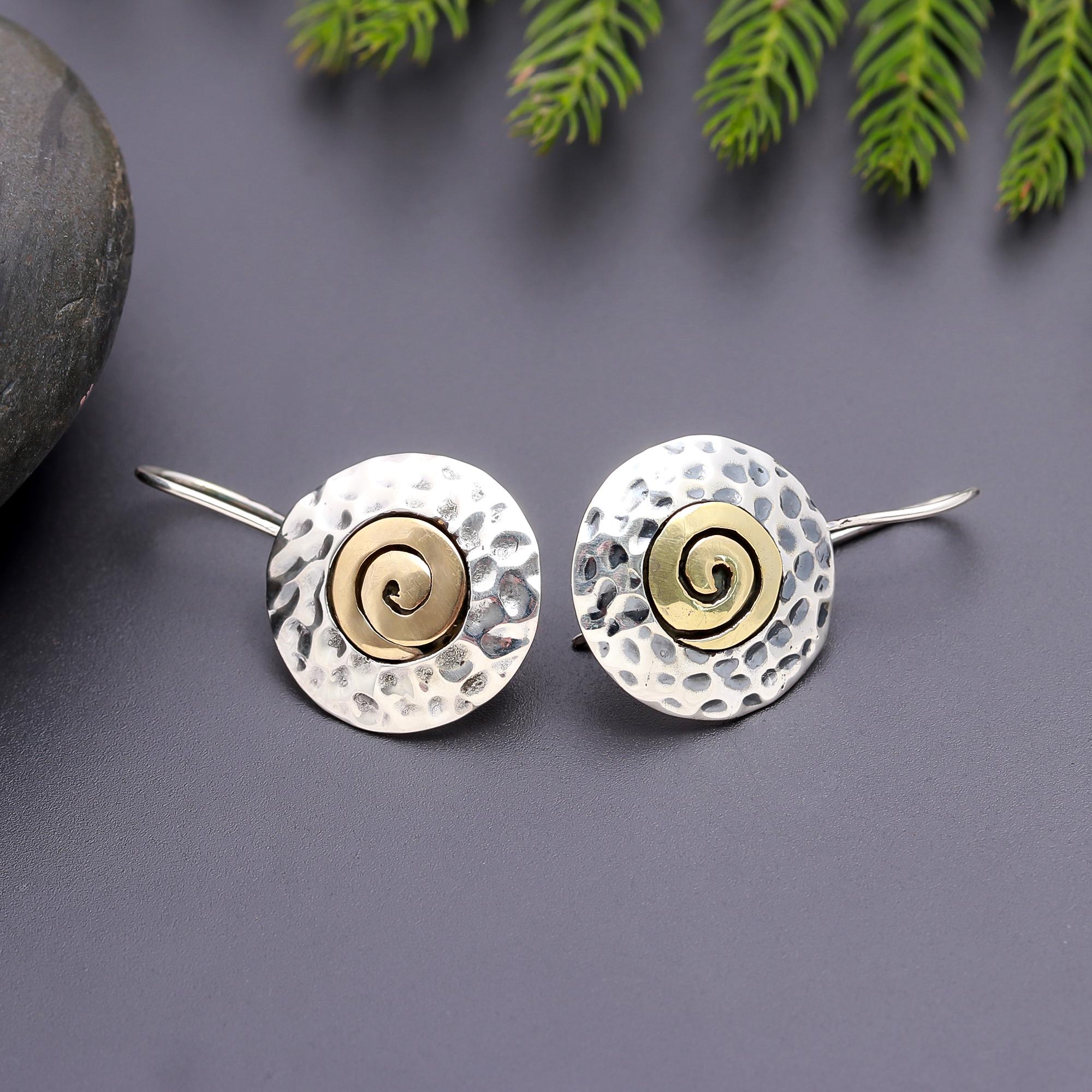 925 Silver Hammered Spiral Disc Dangle Earrings
