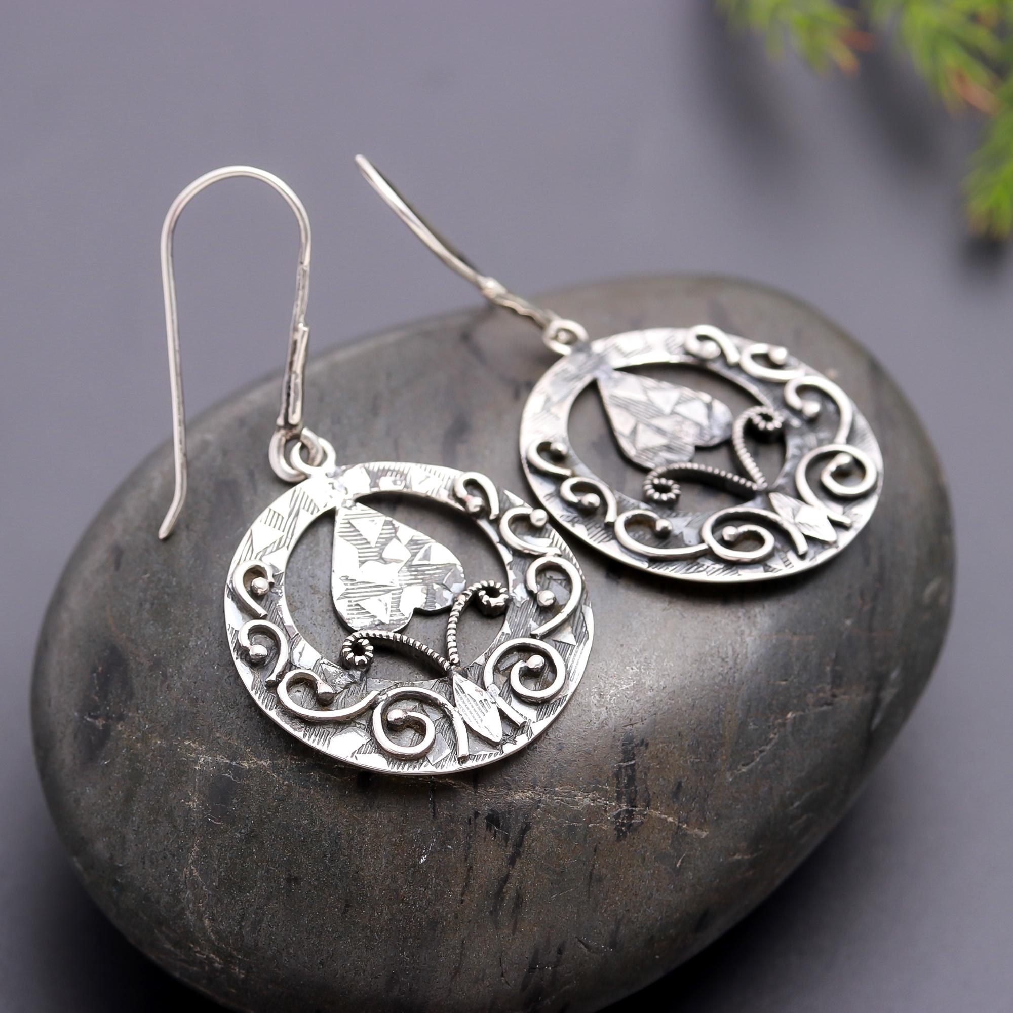925 Silver Round Floral Pattern Dangle Earrings
