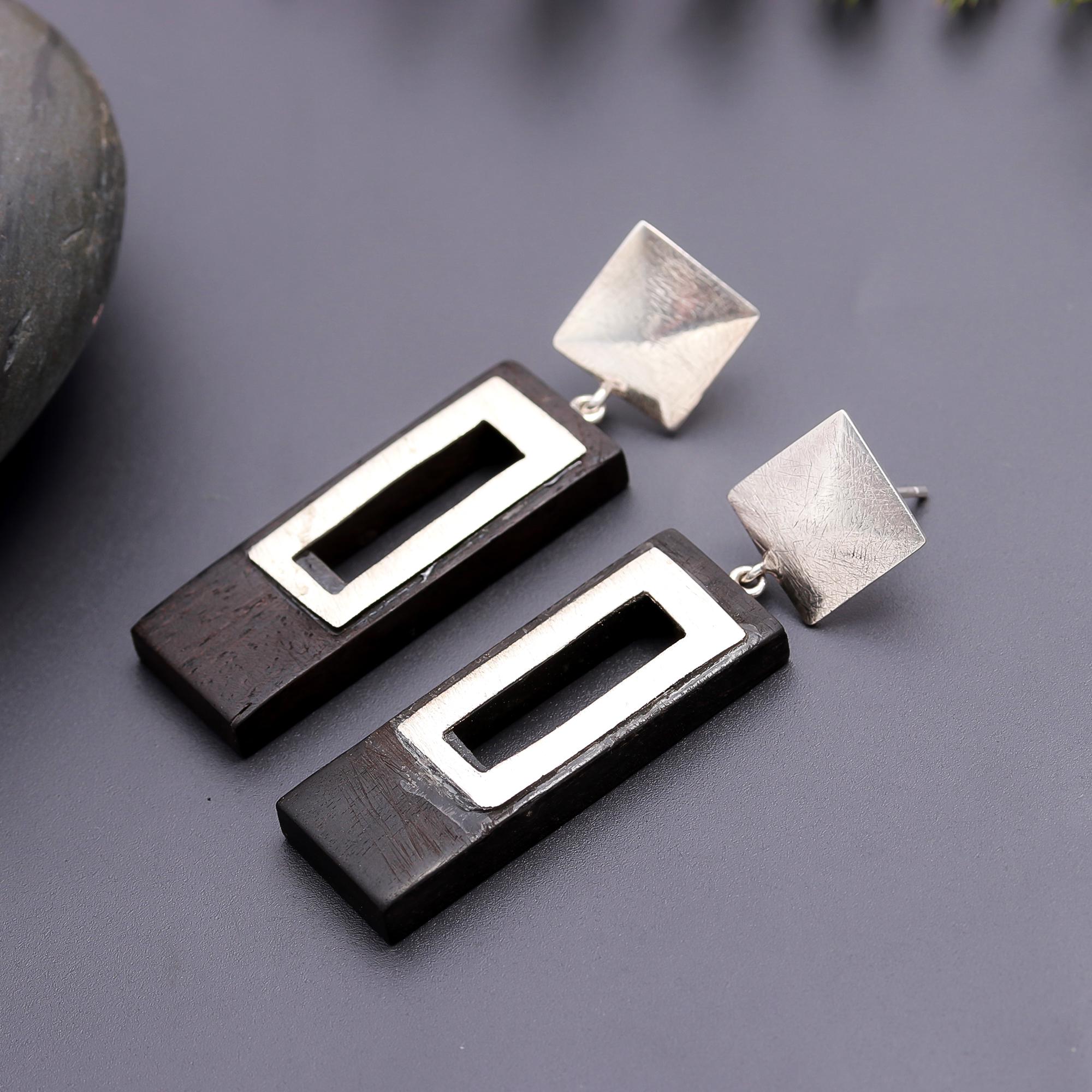 925 Silver and Wood Rectangle Drop Earrings