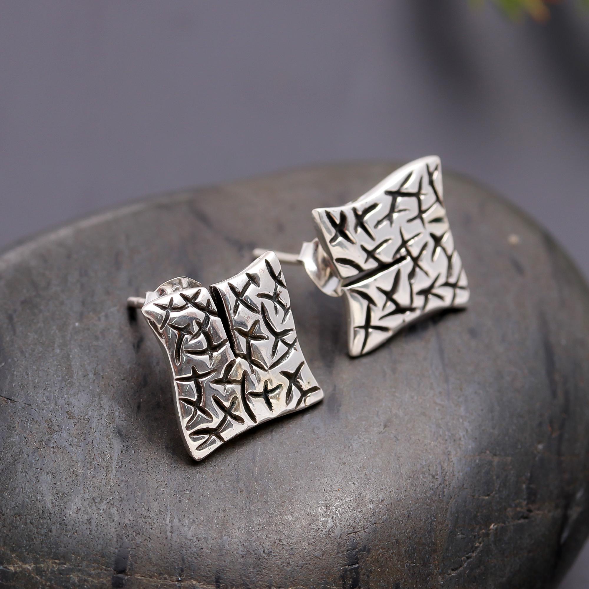 925 Silver Textured Square Stud Earrings