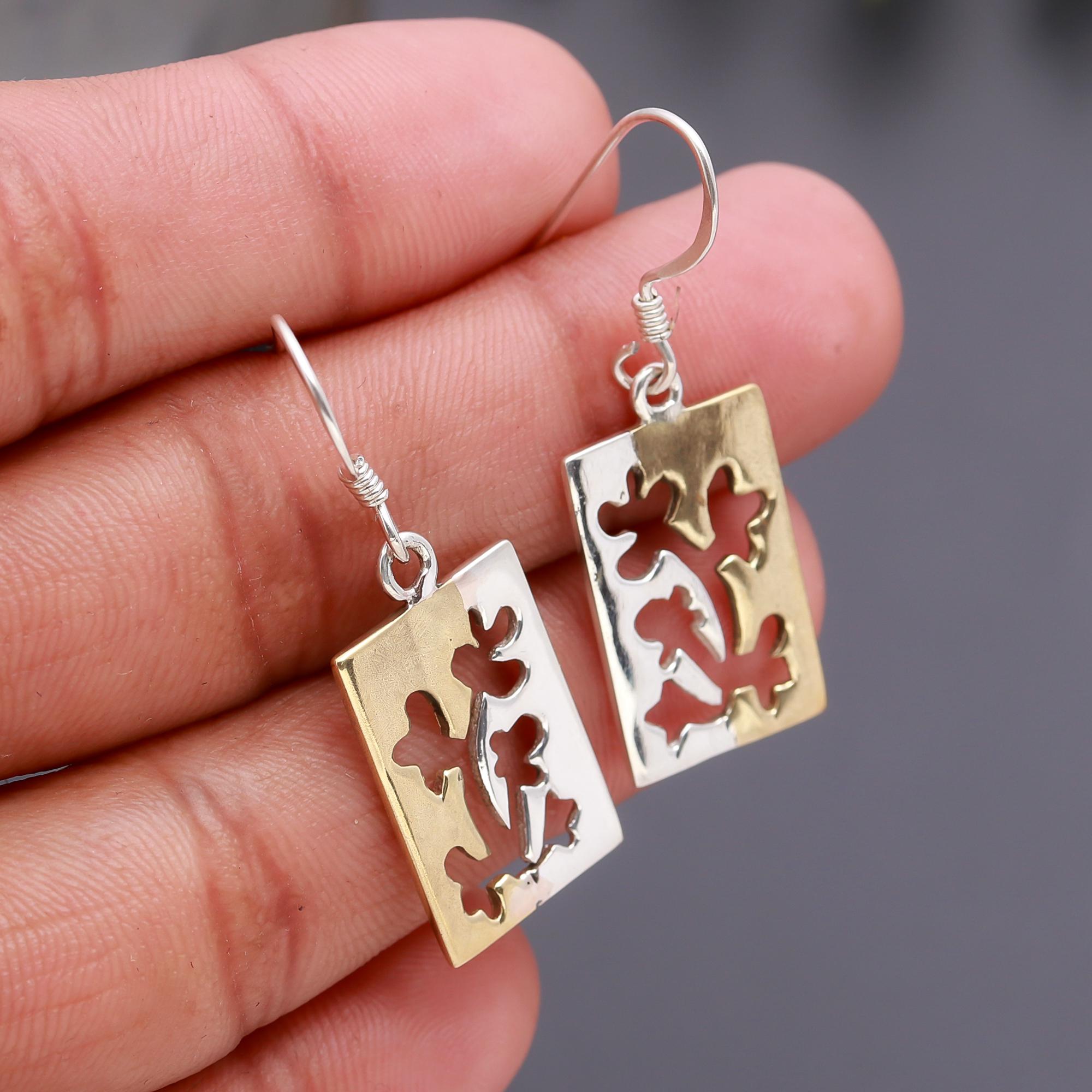 925 Silver Rectangle Floral Dangle Earrings