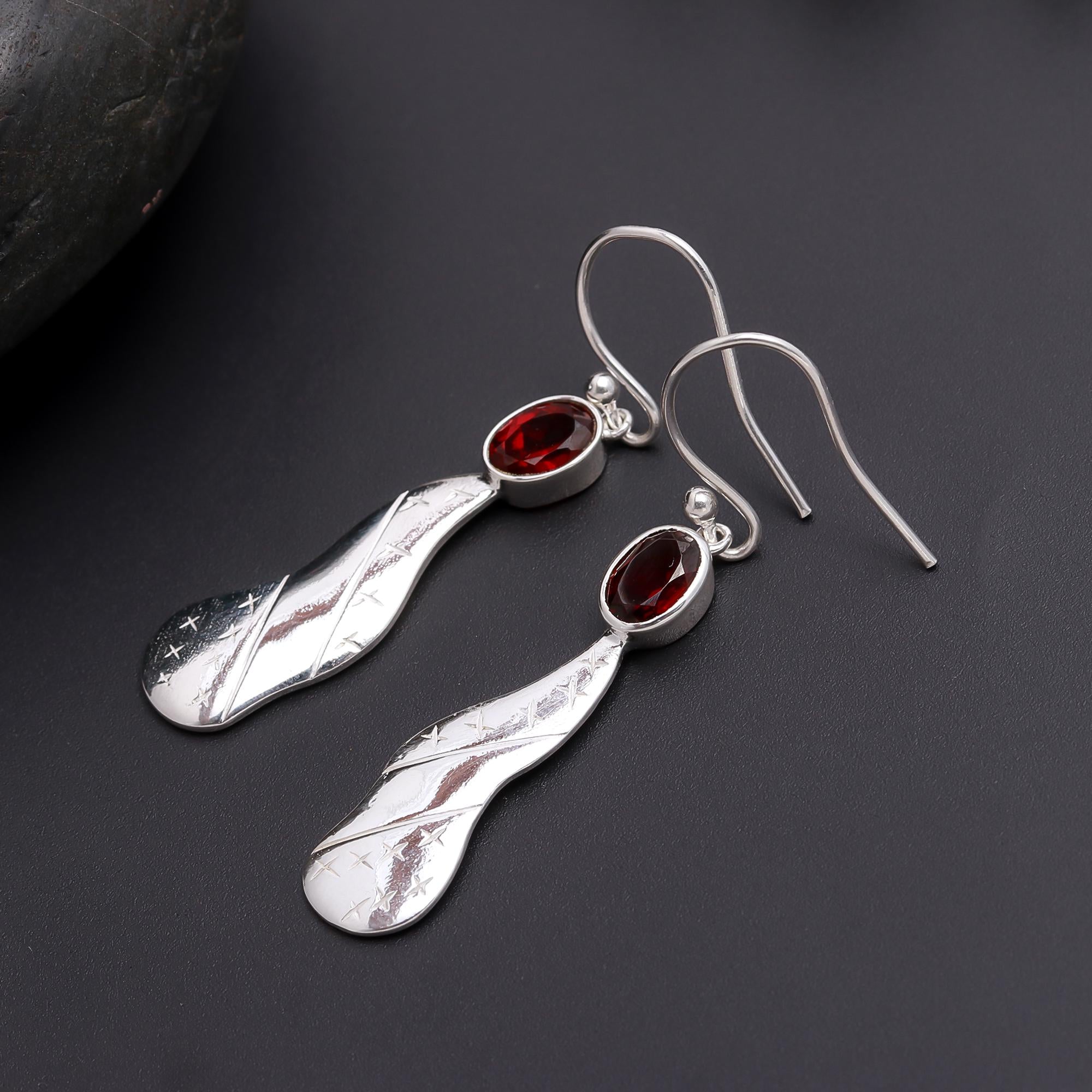 925 Silver Twisted Garnet Dangle Earrings