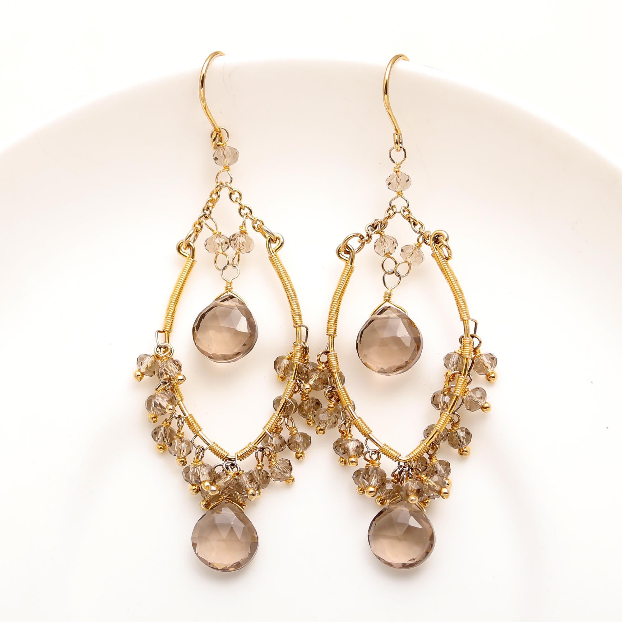 Designer Brass Earrings with Smoky Quartz and Topaz Drops