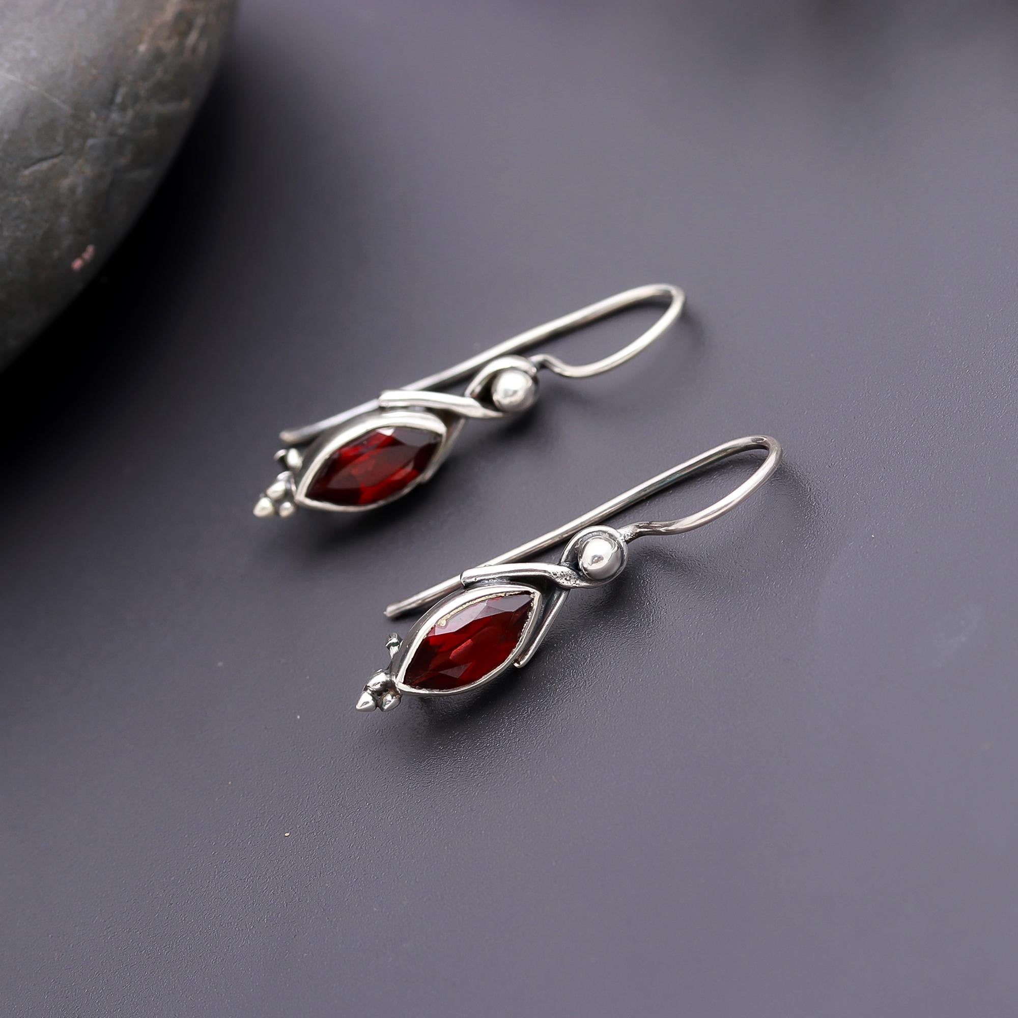 925 Silver Marquise Garnet Dangle Earrings
