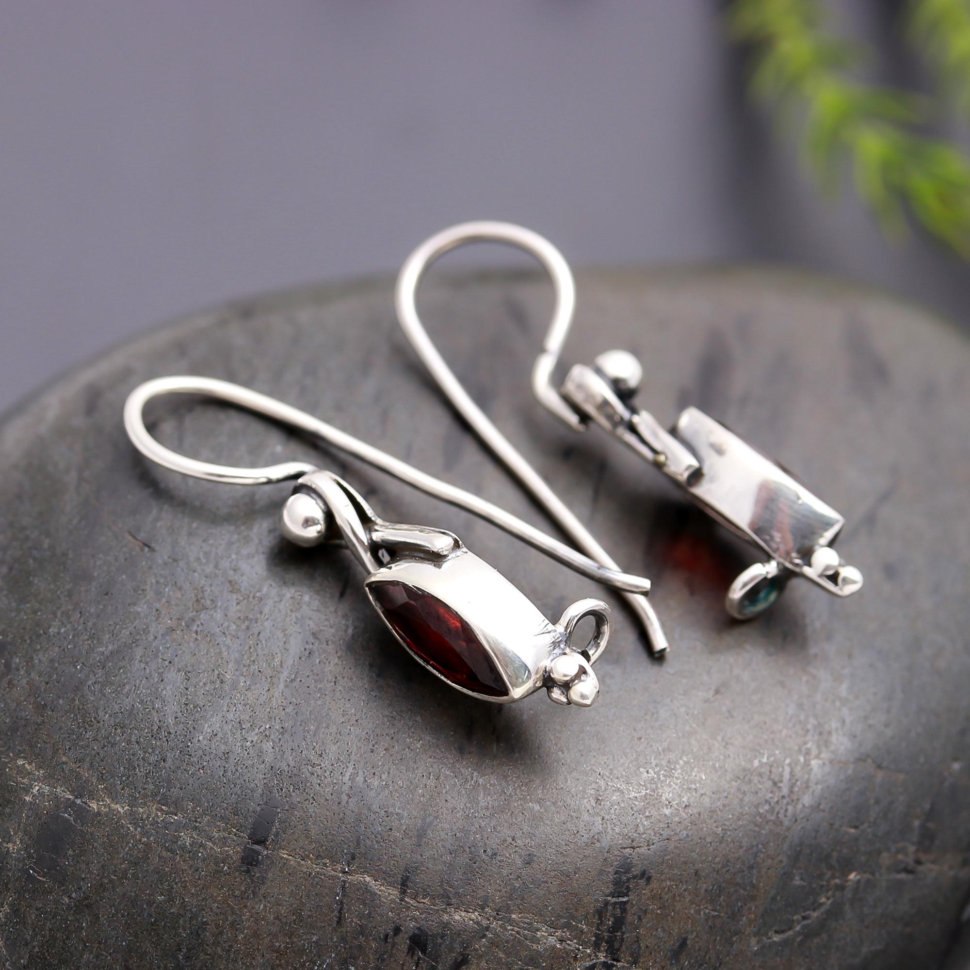 925 Silver Marquise Garnet Dangle Earrings