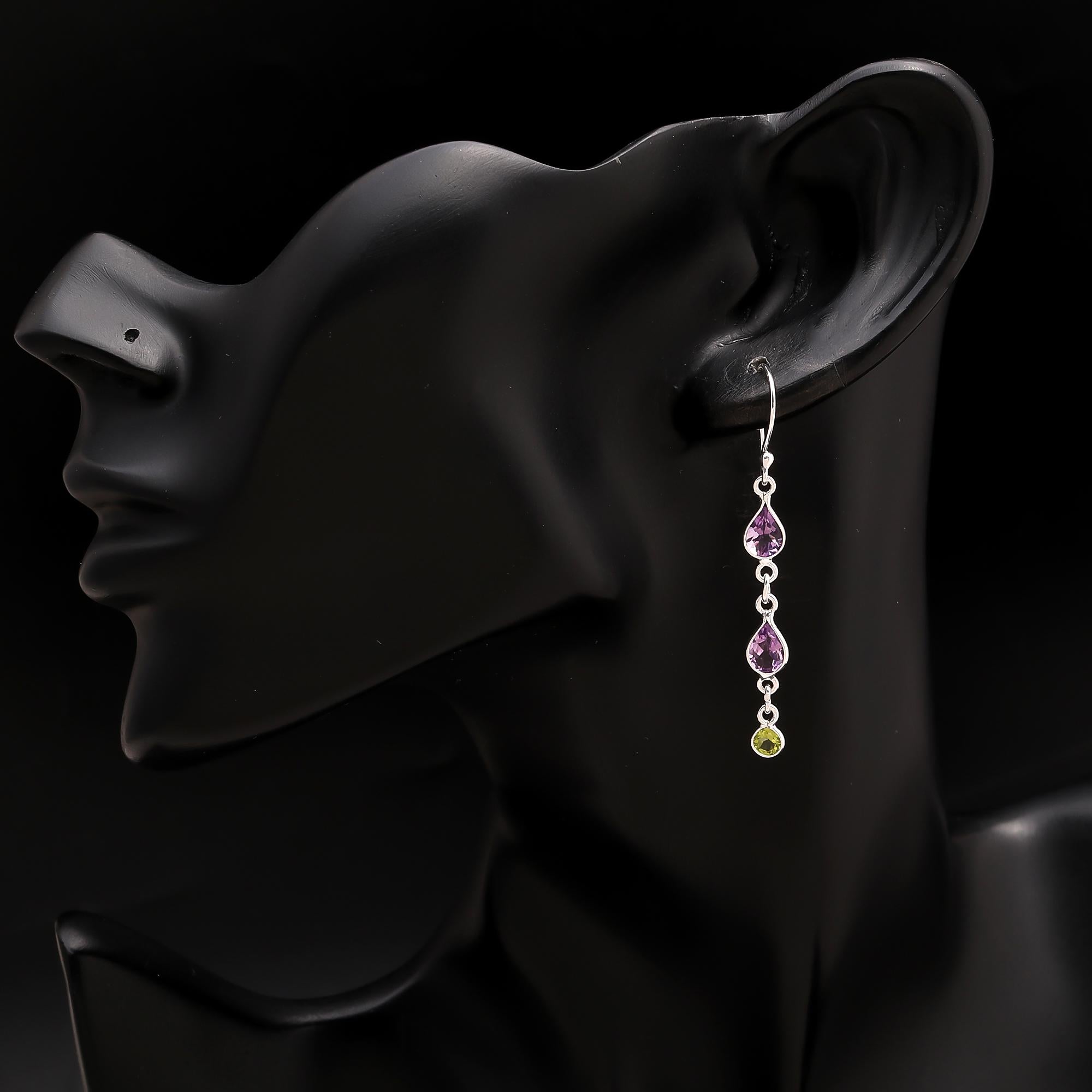 925 Silver Amethyst and Peridot Long Dangle Earrings
