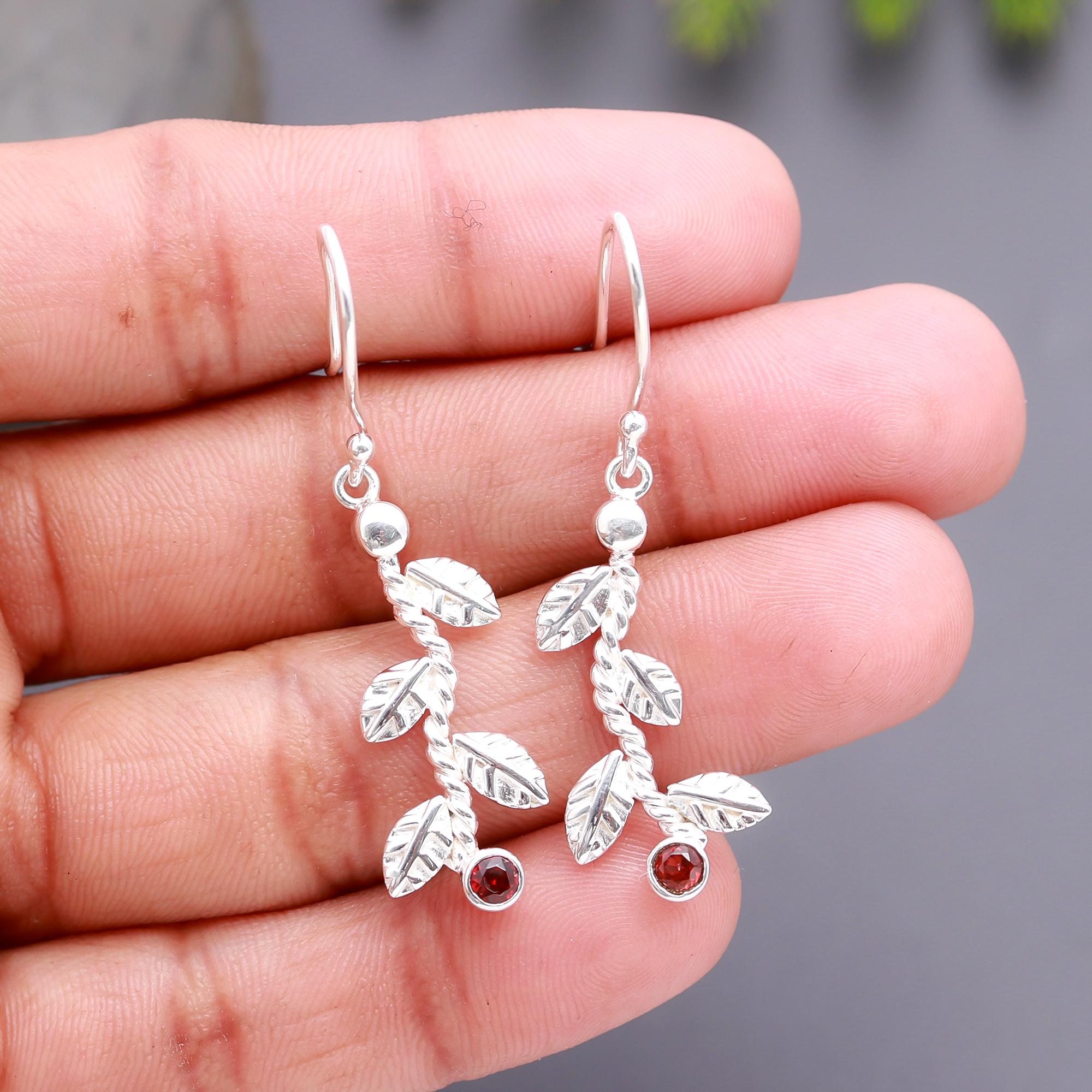 925 Silver Leaf Garnet Dangle Earrings