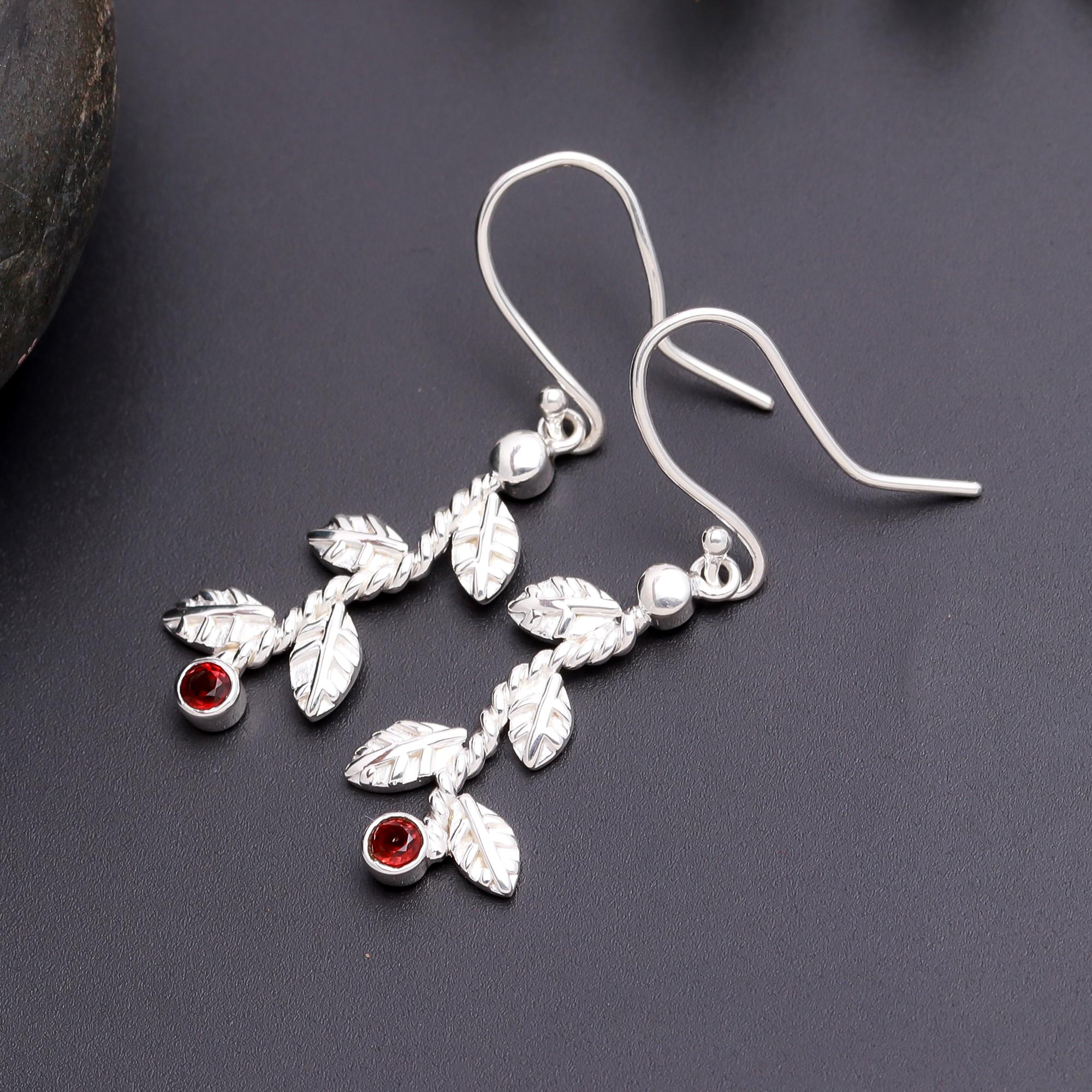 925 Silver Leaf Garnet Dangle Earrings