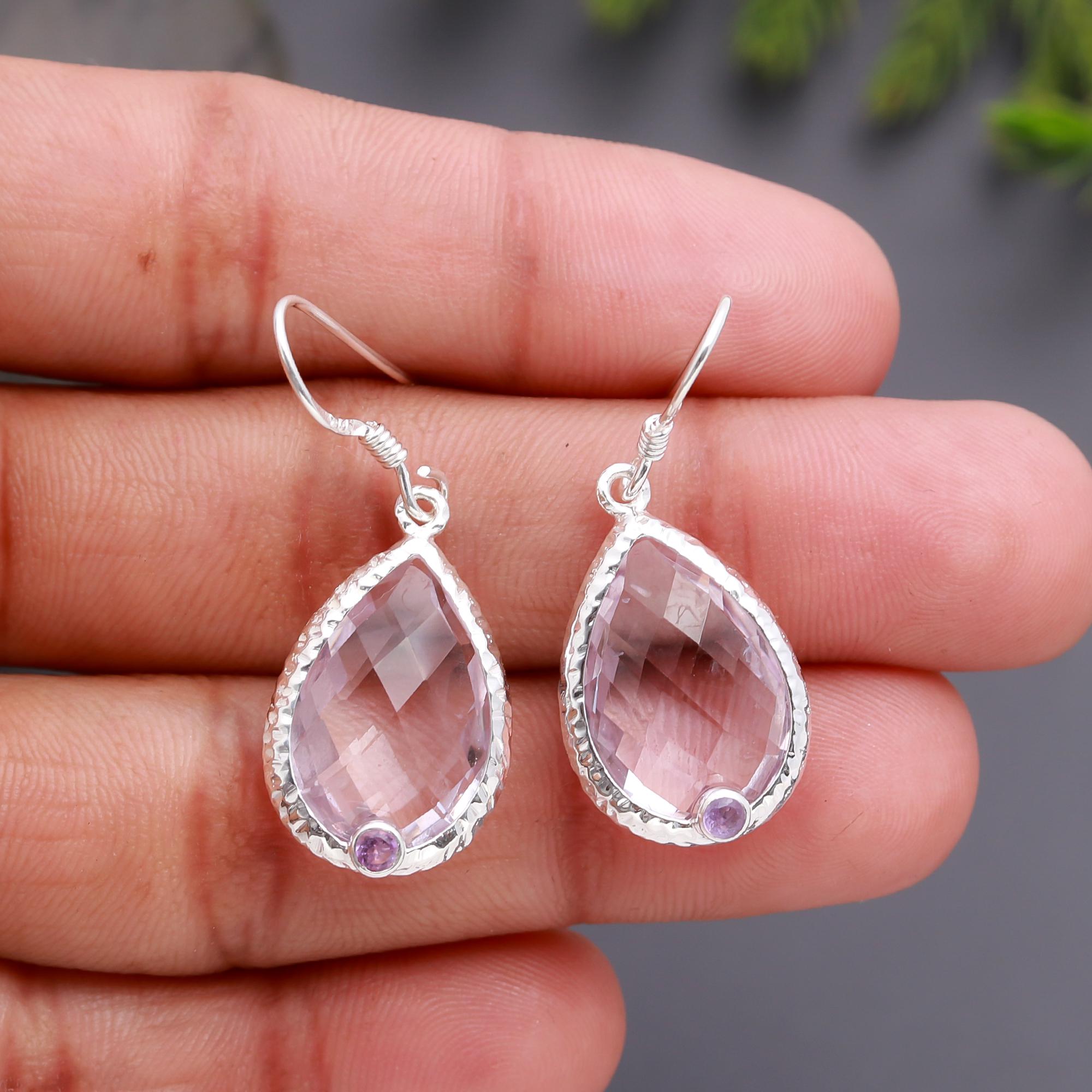 925 Silver Rose Quartz Dangle Earrings