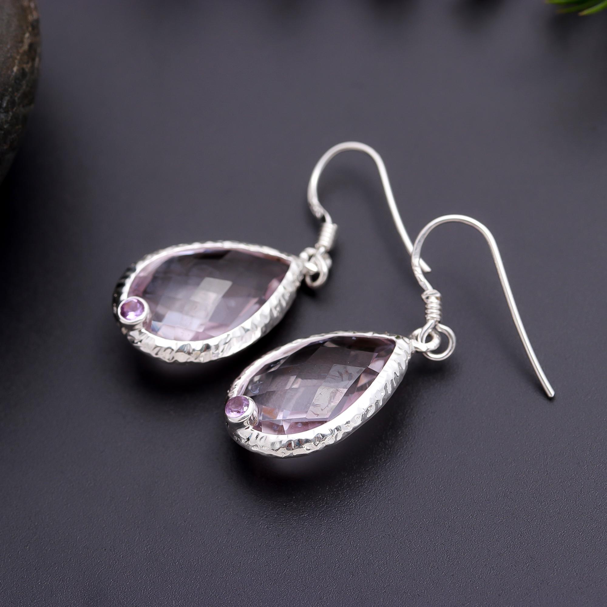 925 Silver Rose Quartz Dangle Earrings