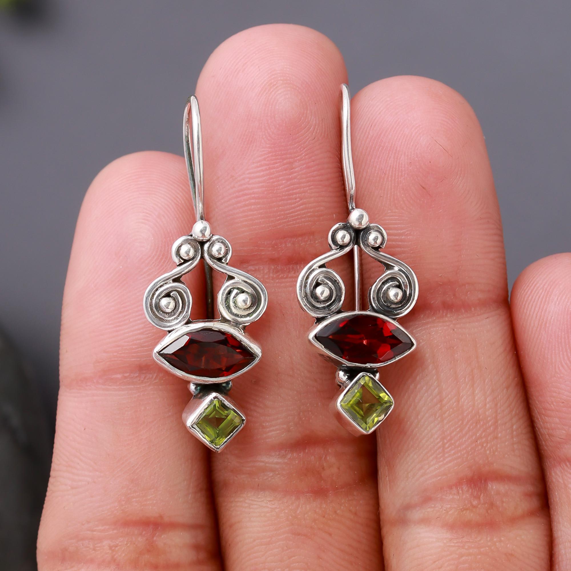 925 Silver Garnet & Peridot Dangle Earrings