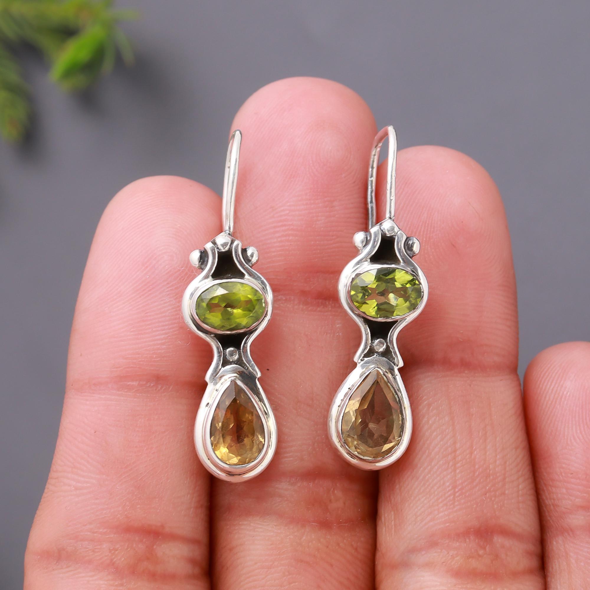 925 Silver Peridot and Smoky Quartz Dangle Earrings