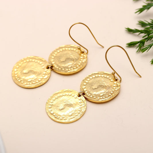 Textured Brass Coin Drop Earrings Hypoallergenic