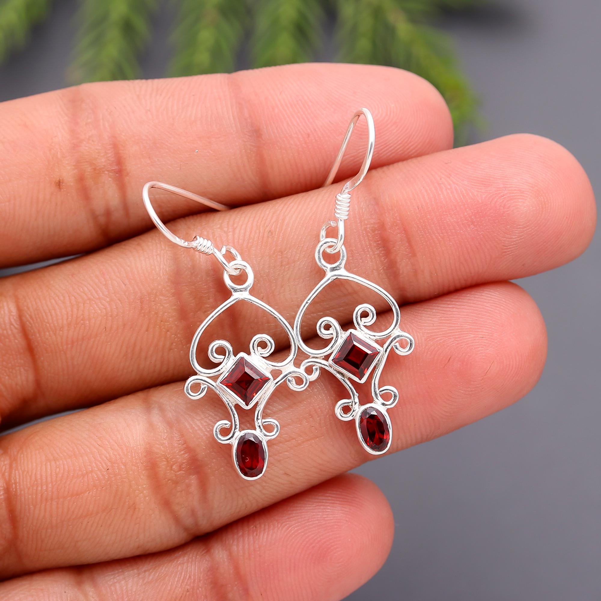 925 Silver Scroll Garnet Dangle Earrings