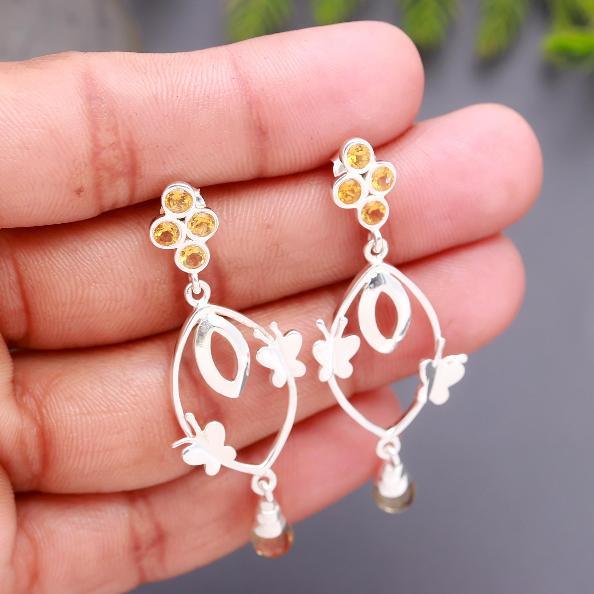 925 Silver Citrine and Smoky Quartz Butterfly Drop Earrings