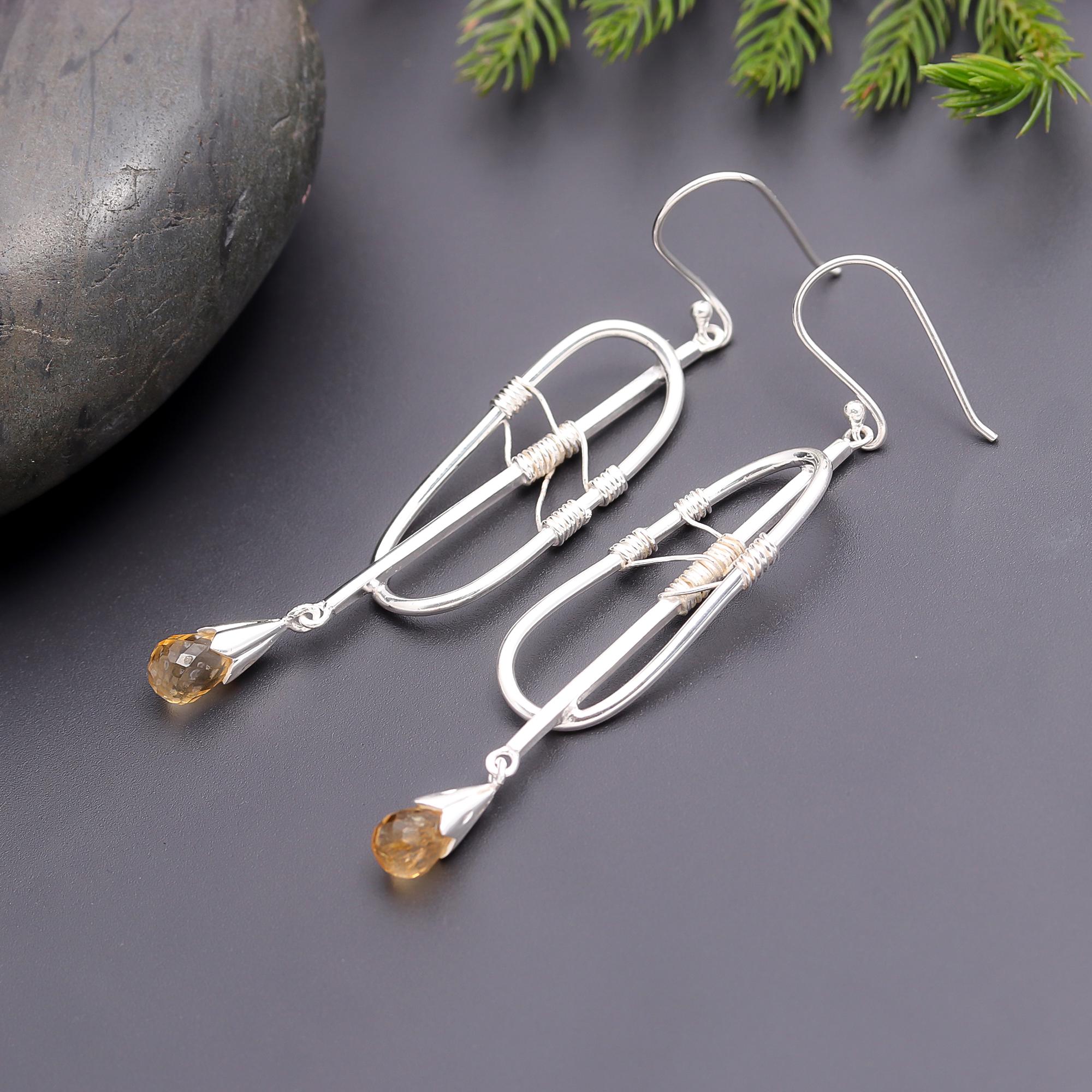 925 Silver Citrine Drop Dangle Earrings