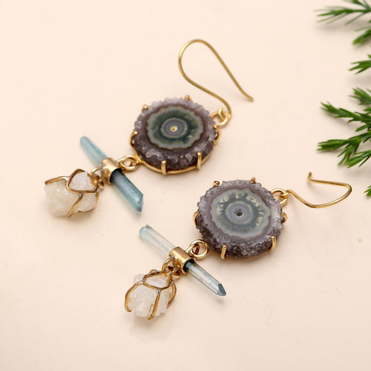 Designer Brass Earrings with Amethyst Stalactite Drusy Drops