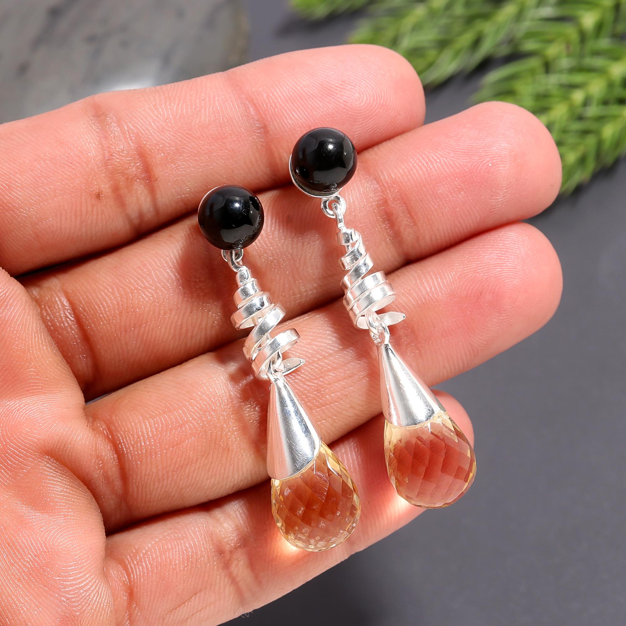 925 Silver Black Onyx and Citrine Drop Earrings