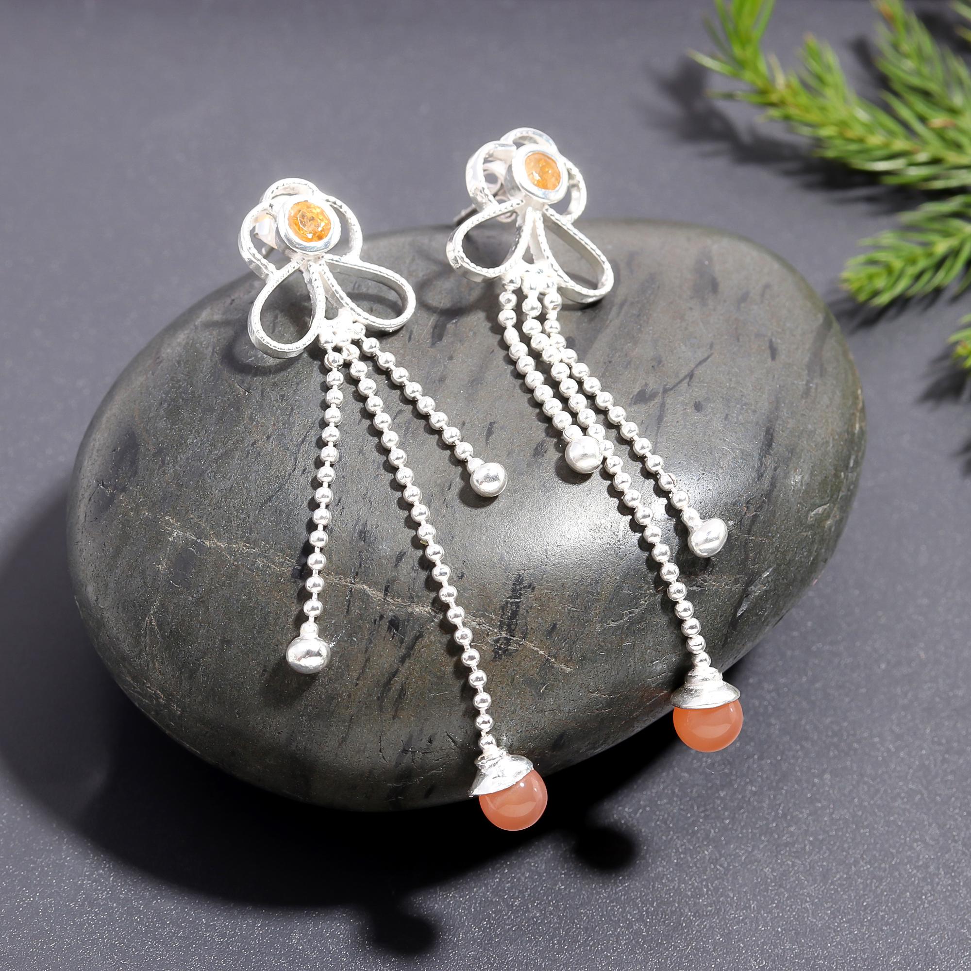 925 Silver Citrine and Beaded Tassel Drop Earrings