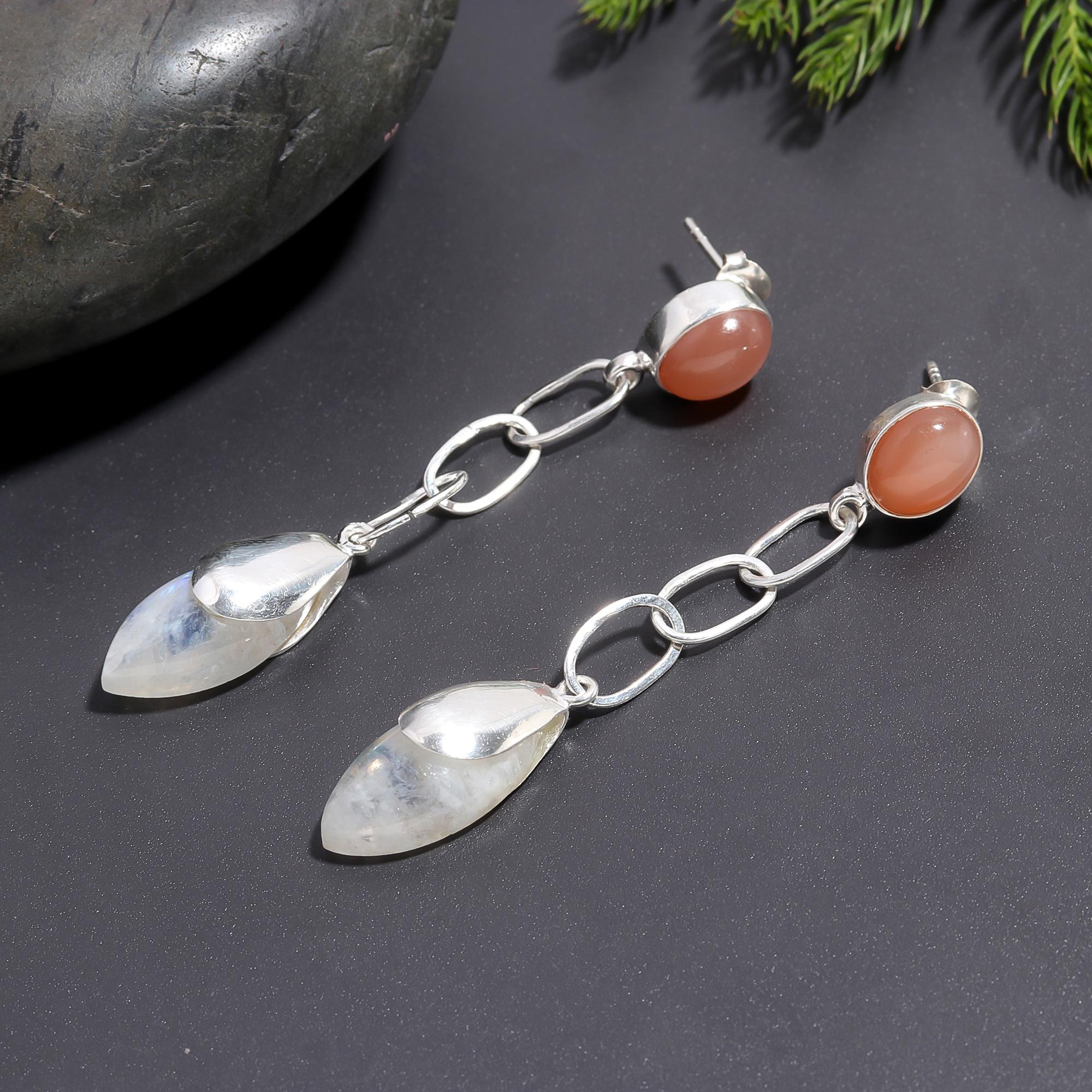 925 Silver Carnelian and Moonstone Chain Drop Earrings