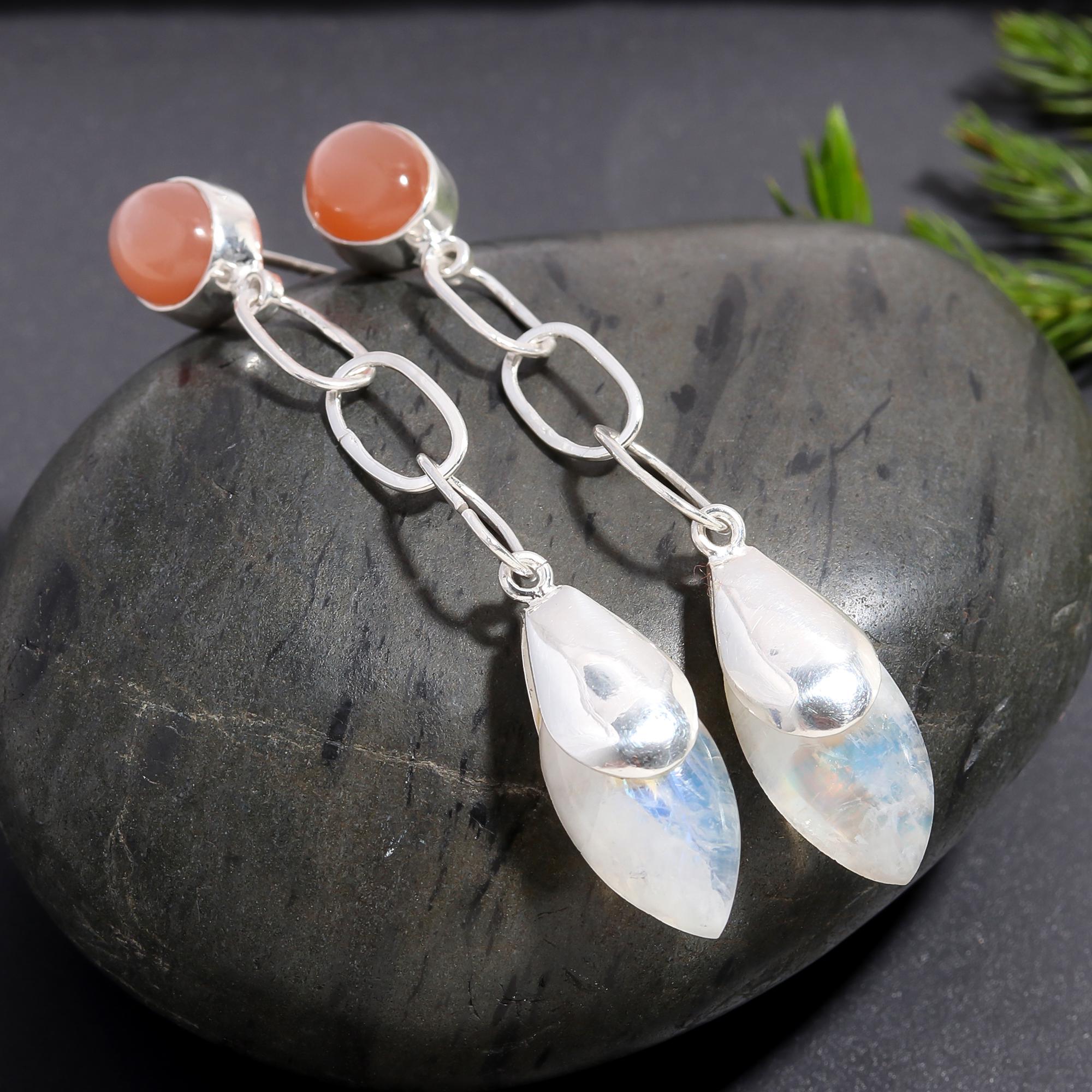 925 Silver Carnelian and Moonstone Chain Drop Earrings