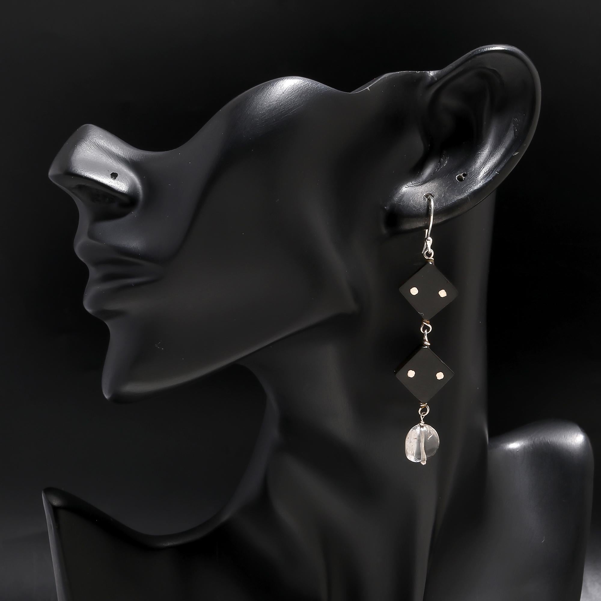 925 Silver Black Wood and Crystal Long Dangle Earrings