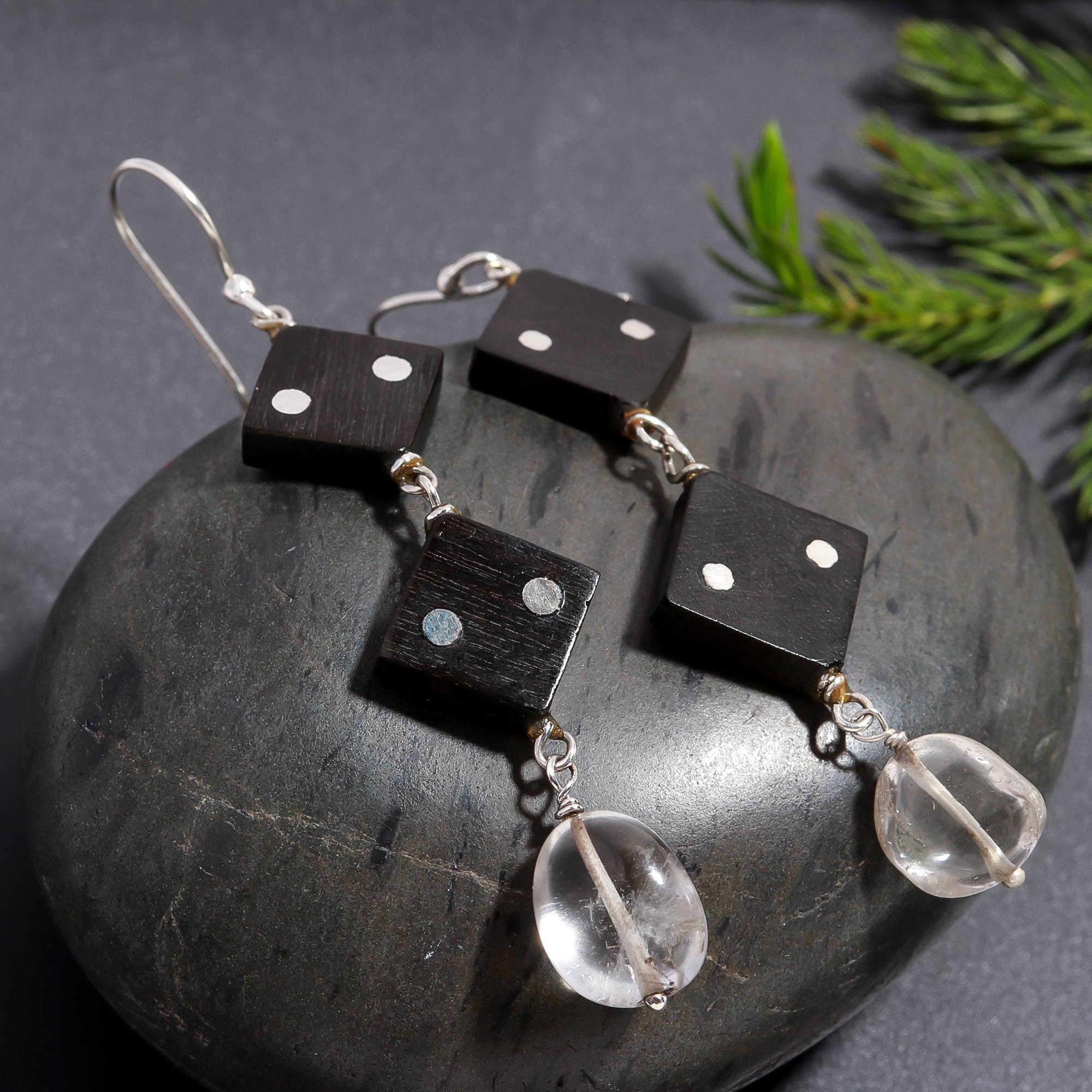 925 Silver Black Wood and Crystal Long Dangle Earrings