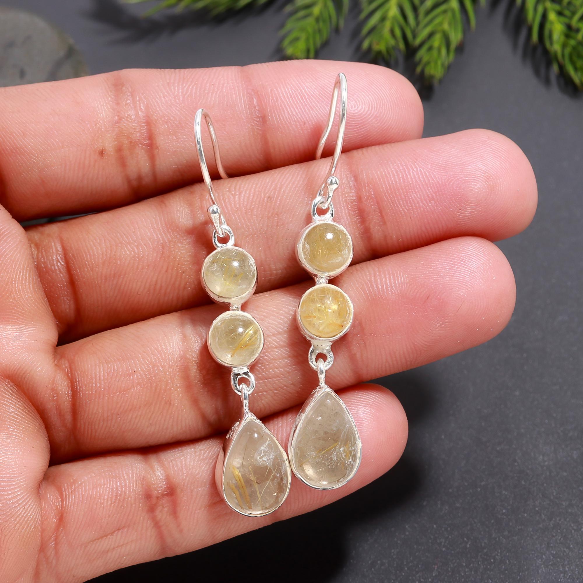 925 Silver Rutilated Quartz Dangle Earrings