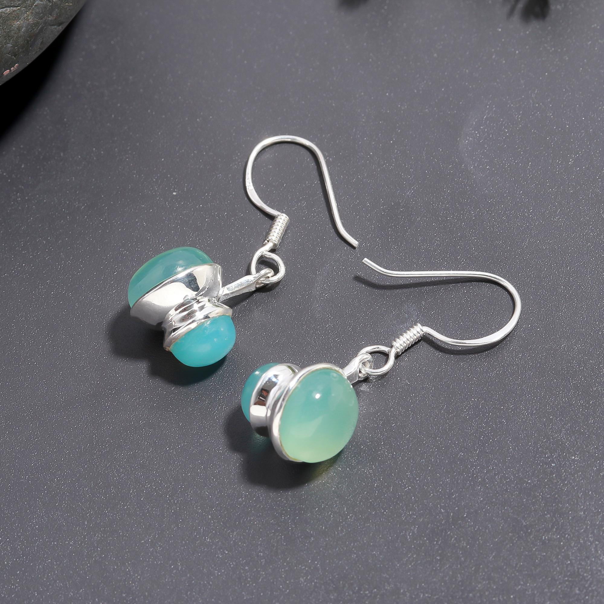 925 Silver Aqua Chalcedony Dangle Earrings