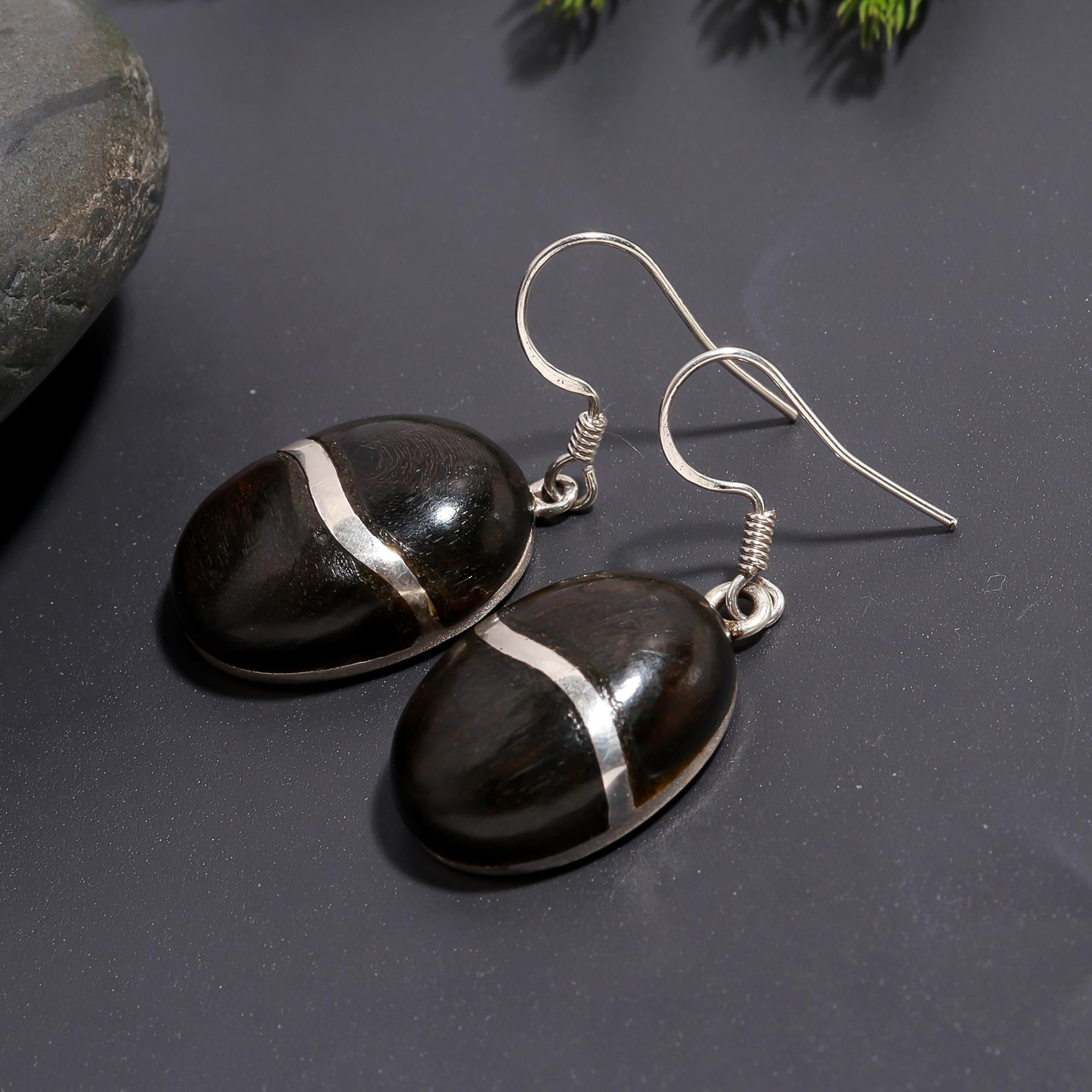 925 Silver Ebony Wood Dangle Earrings