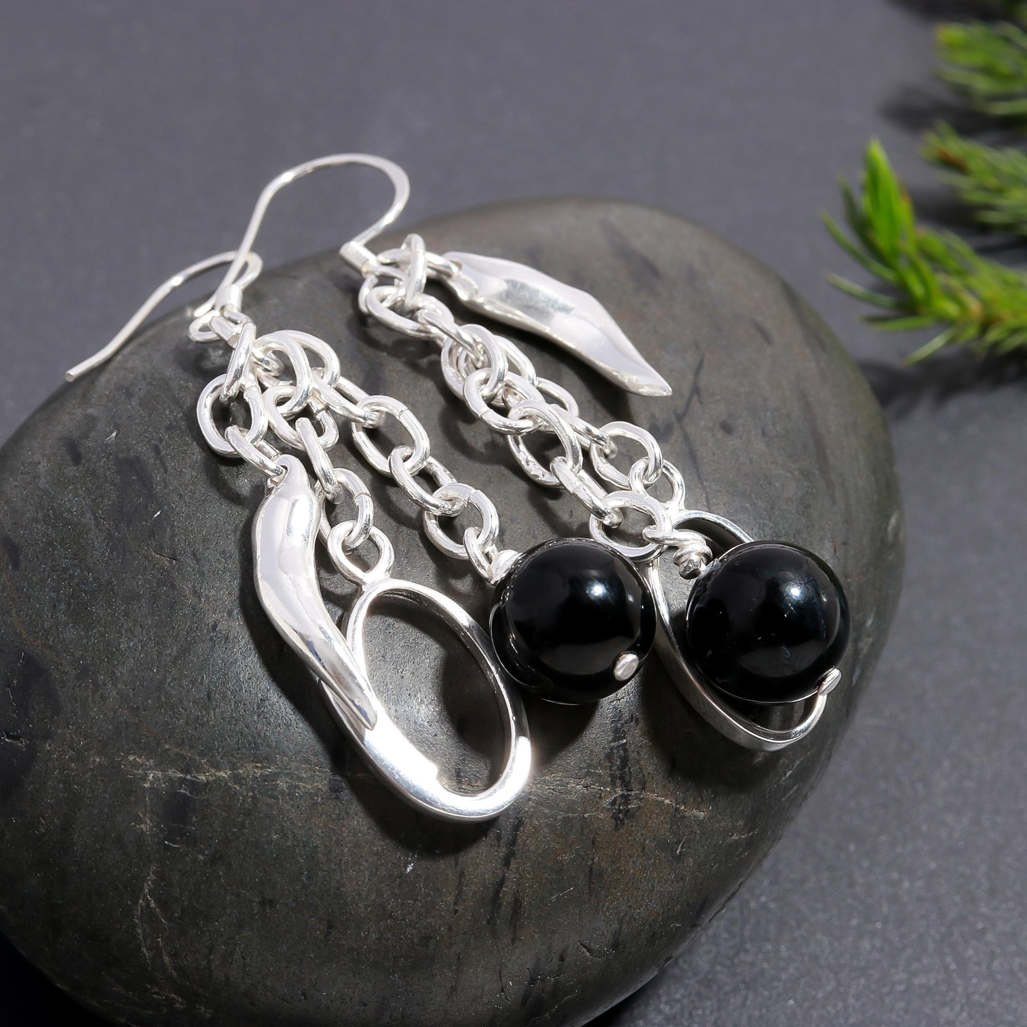 925 Silver Black Onyx Chain Dangle Earrings