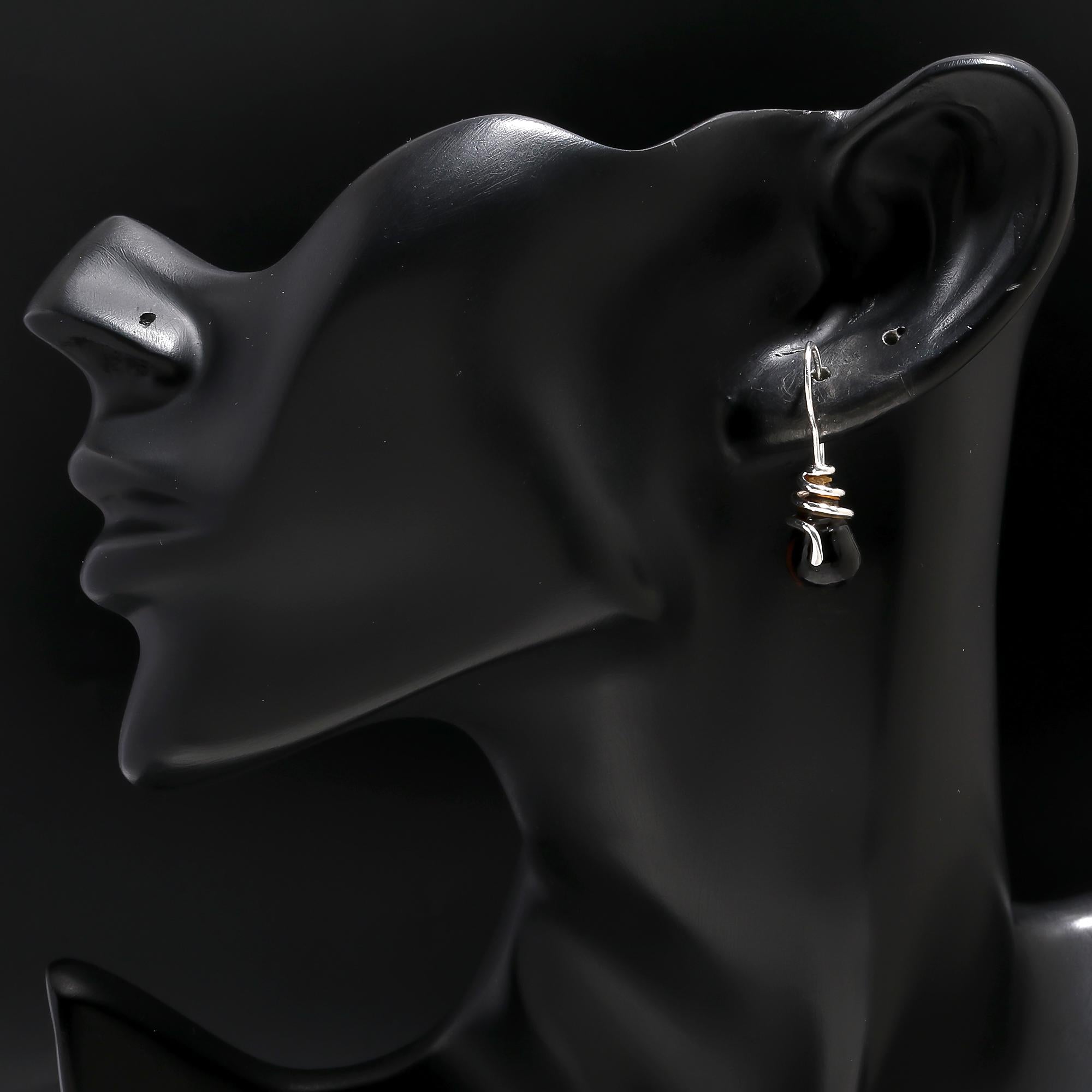 925 Silver Black Onyx Wrapped Dangle Earrings
