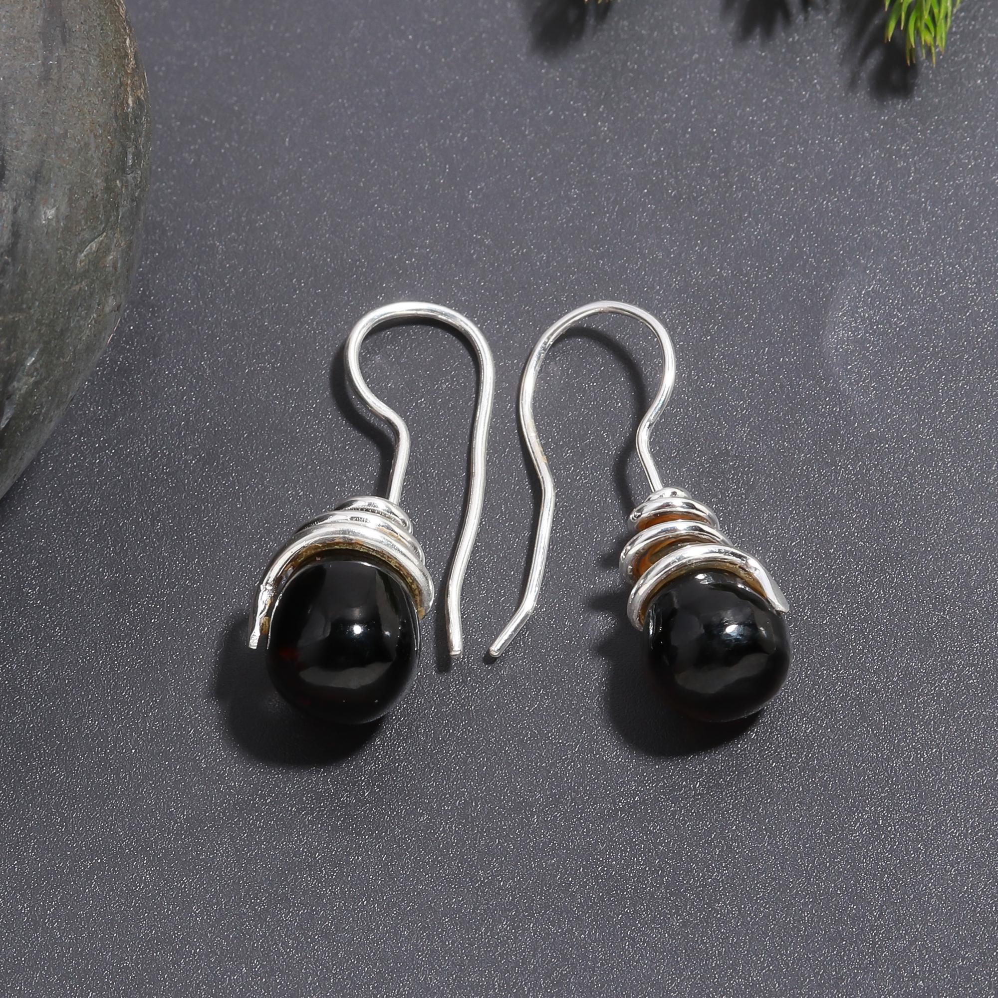 925 Silver Black Onyx Wrapped Dangle Earrings