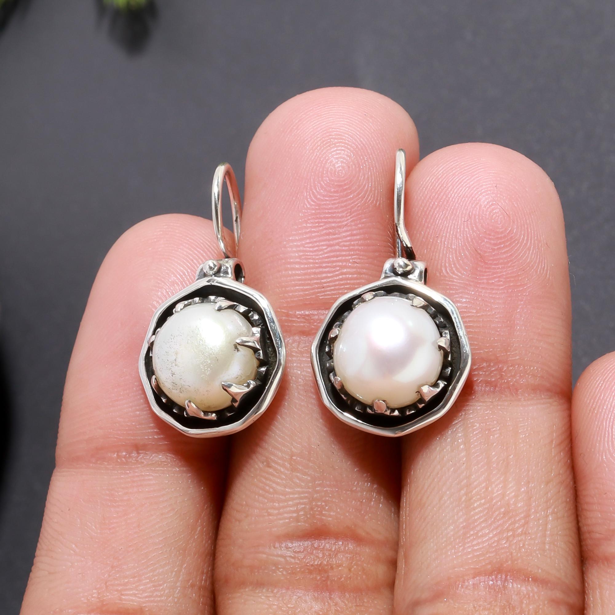925 Silver Round Pearl Dangle Earrings
