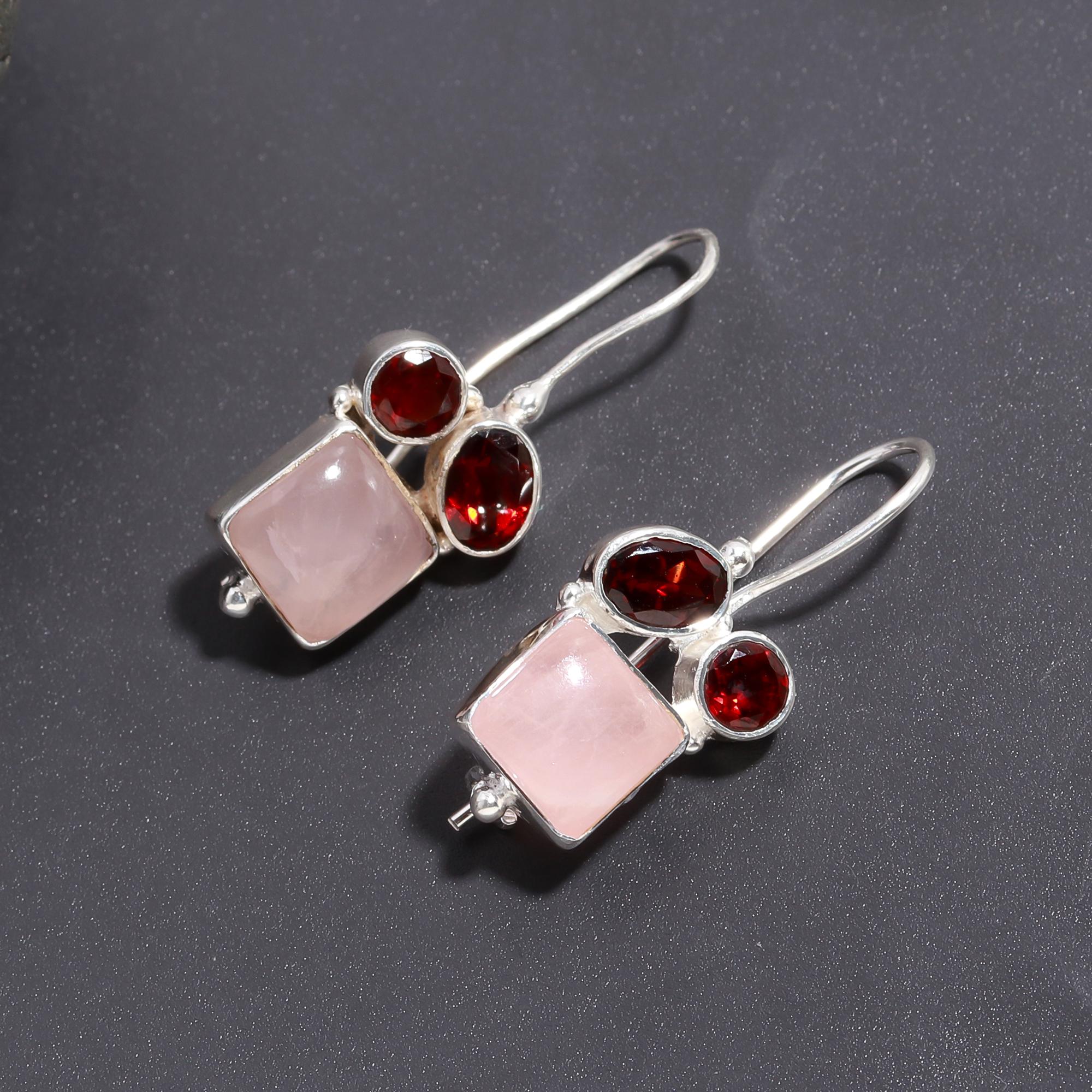 925 Silver Rose Quartz and Garnet Dangle Earrings