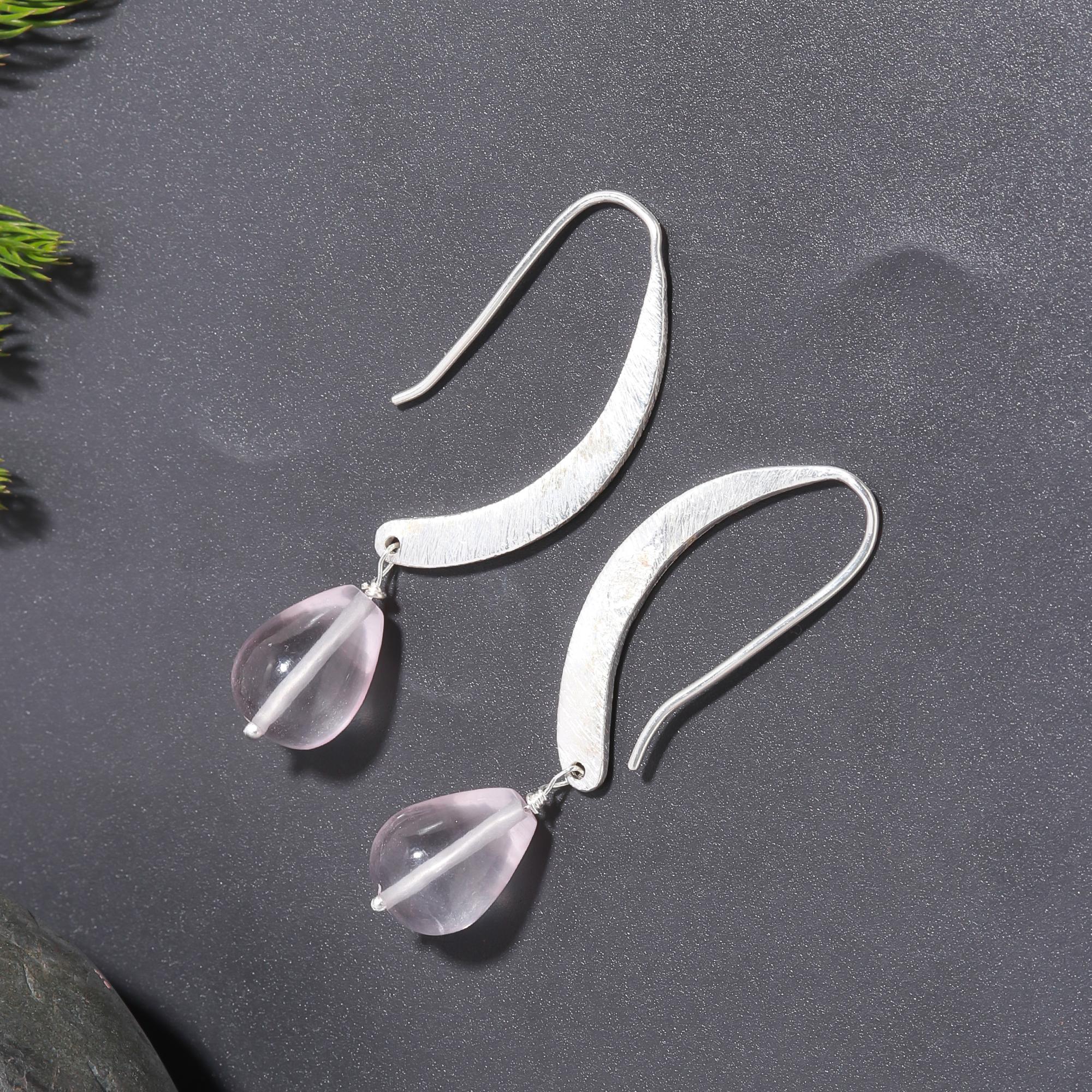 925 Silver Rose Quartz Dangle Earrings
