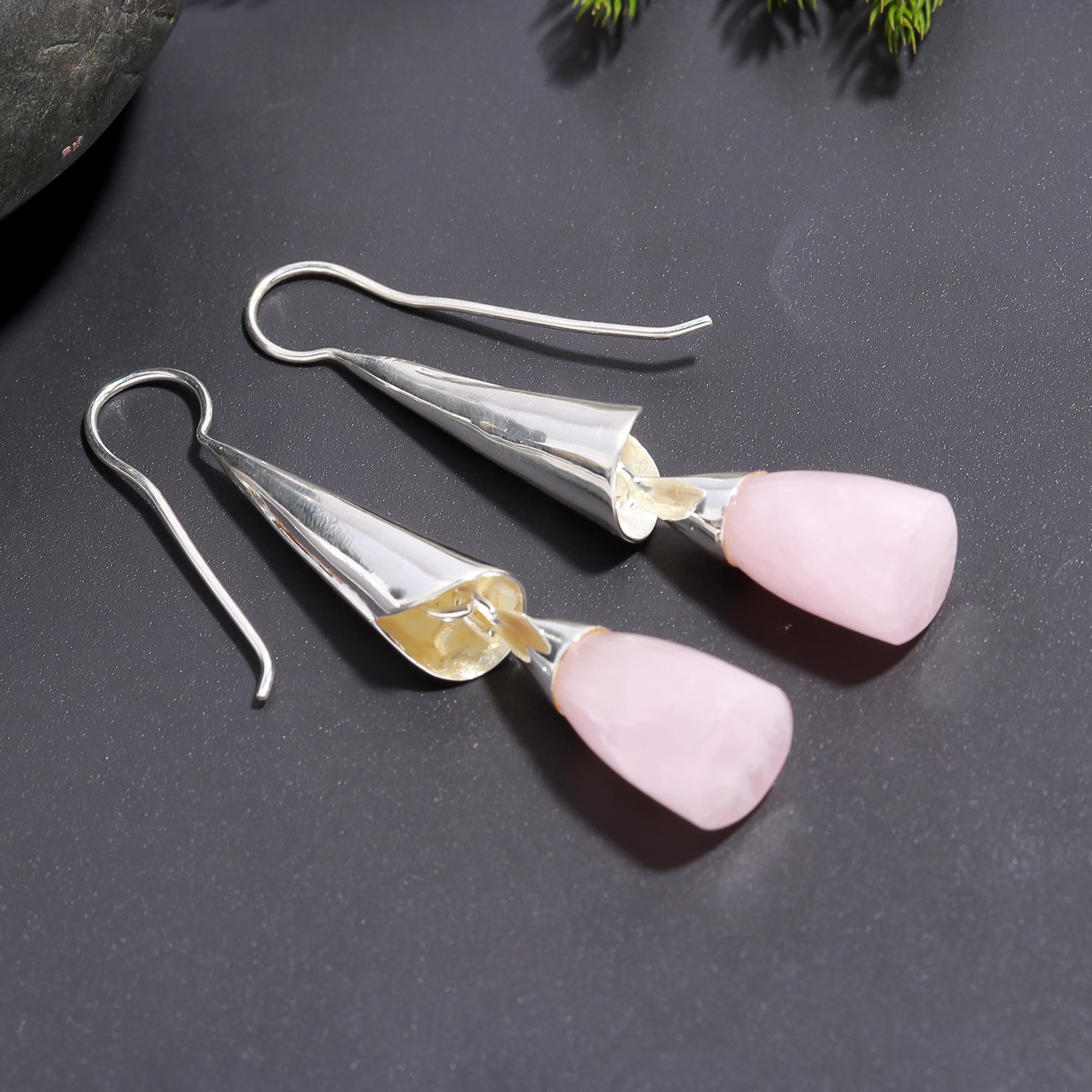 925 Silver Rose Quartz Dangle Earrings