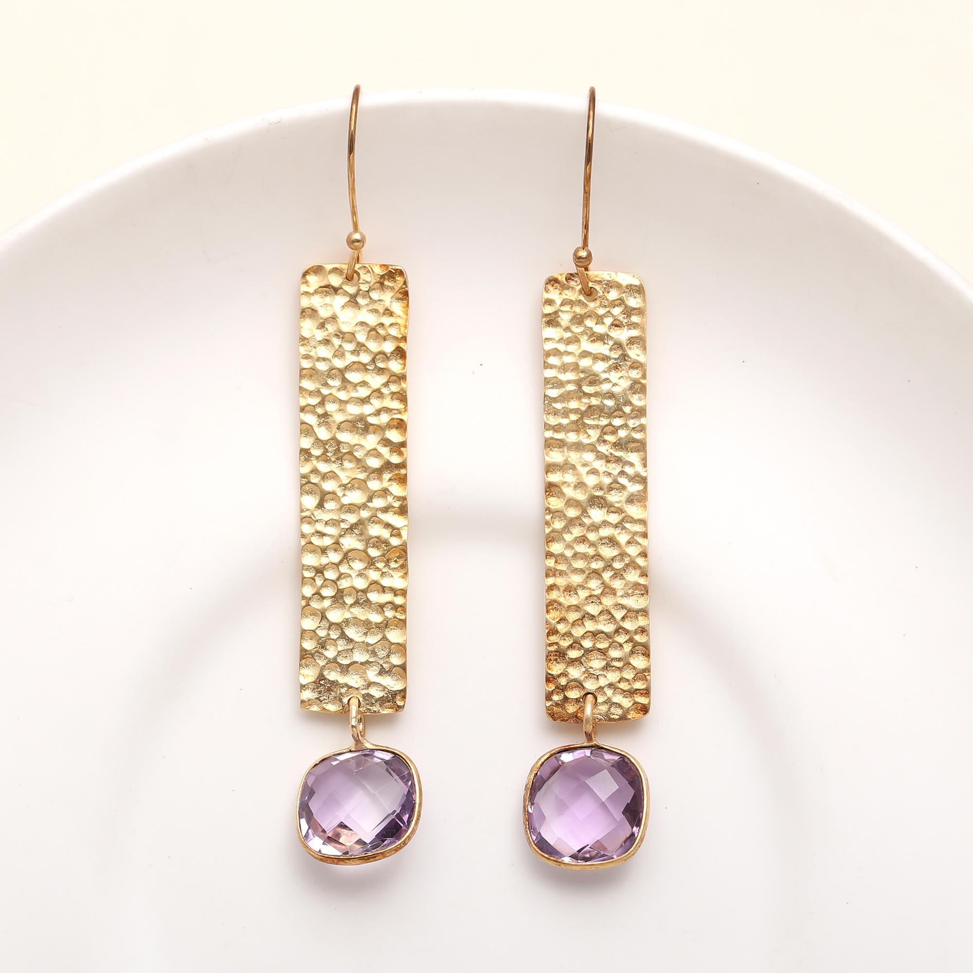 Brass Hammered Amethyst Dangle Earrings