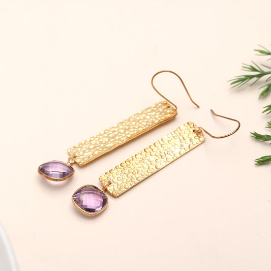 Antitarnish Brass Hammered Amethyst Dangle Earrings