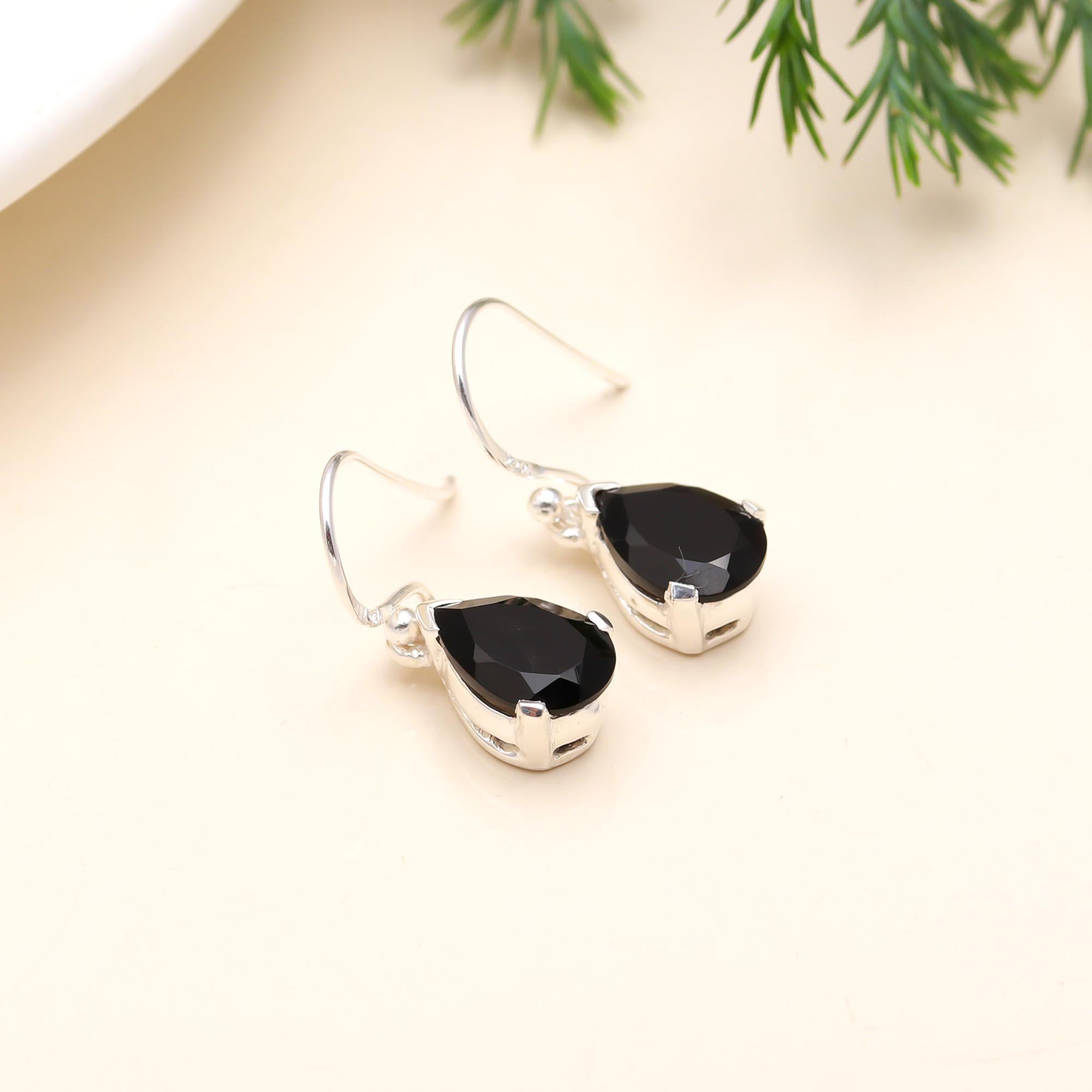 925 Sterling Silver Black Onyx Teardrop Dangle Earrings