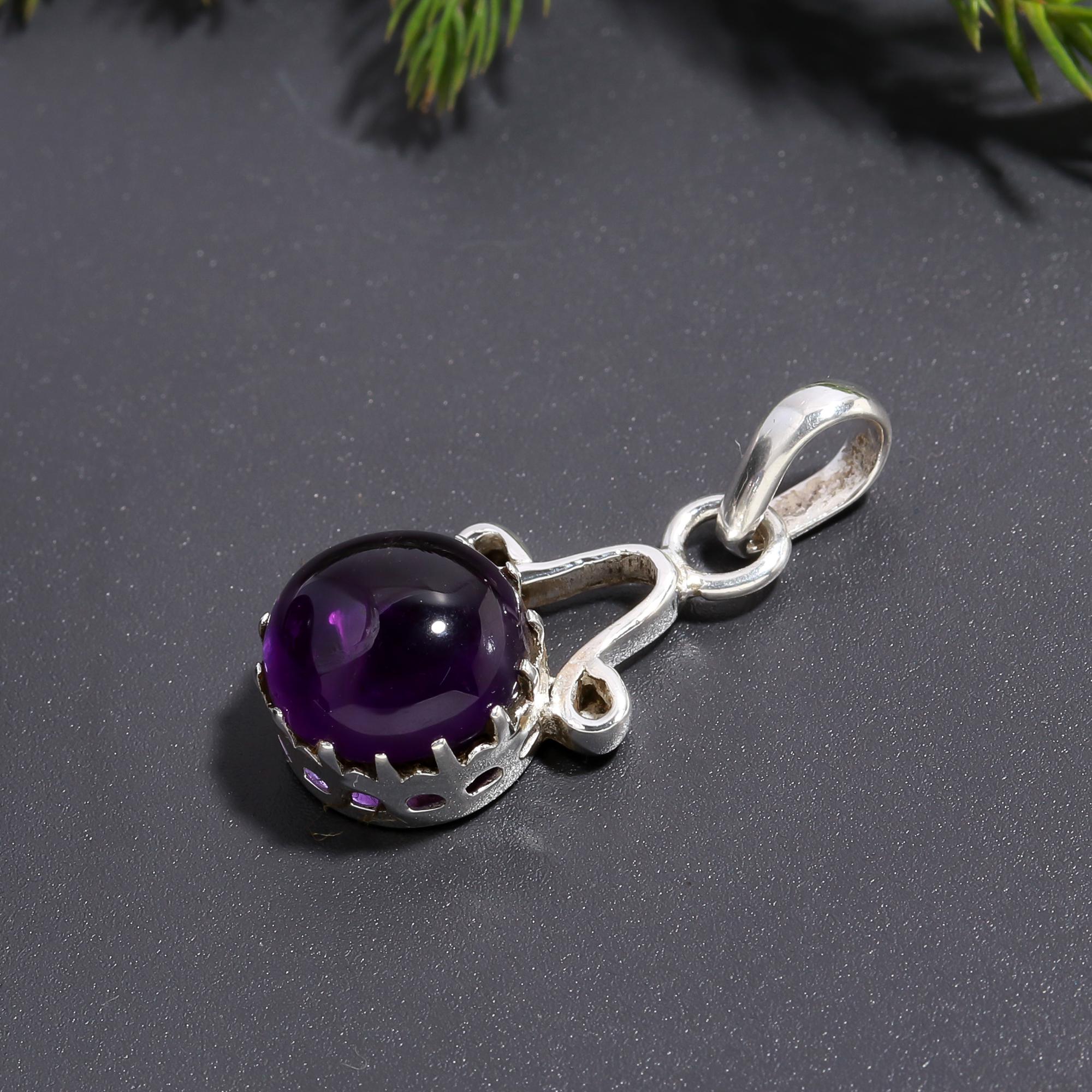 925 Silver Round Amethyst Pendant