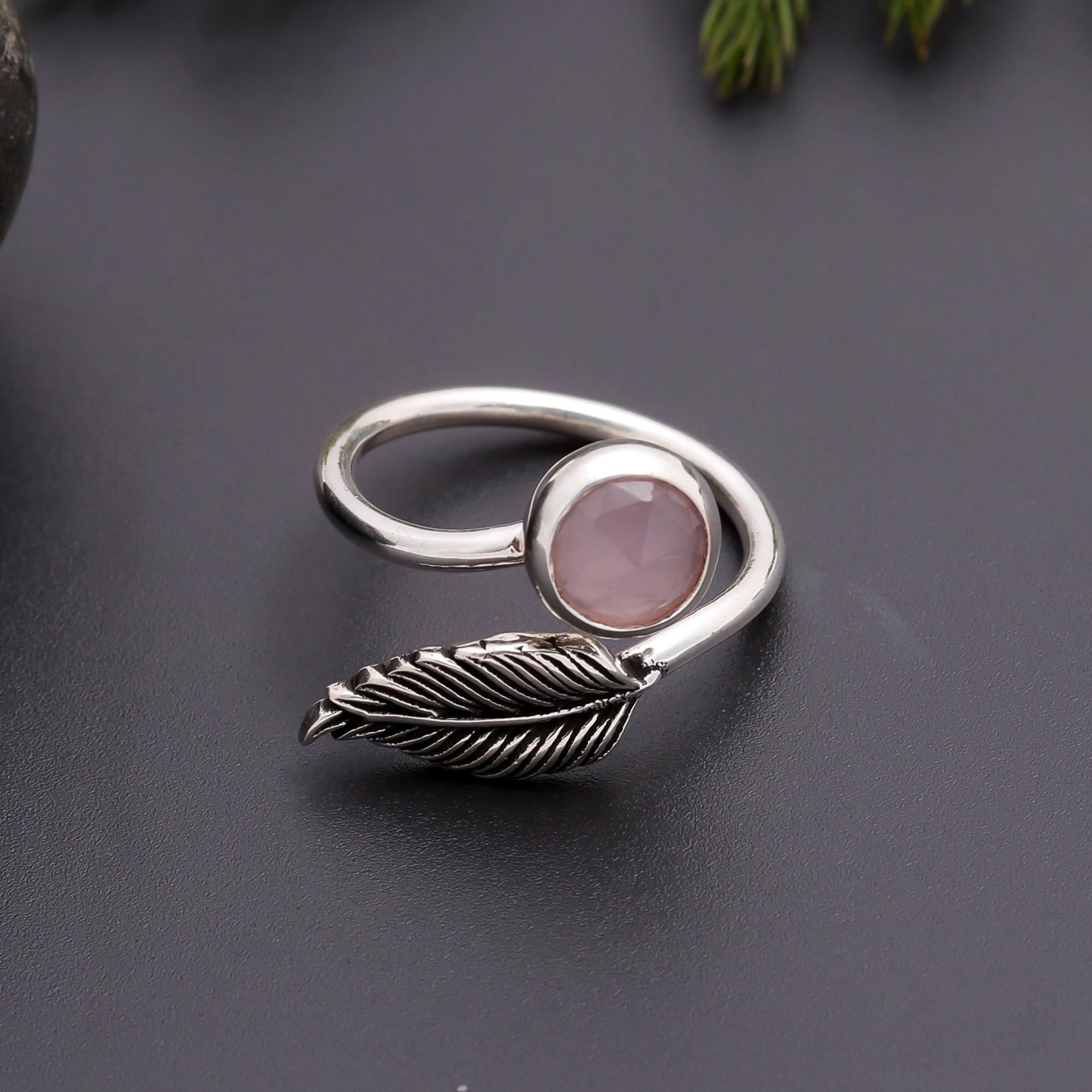 925 Silver Rose Quartz Adjustable Leaf Ring