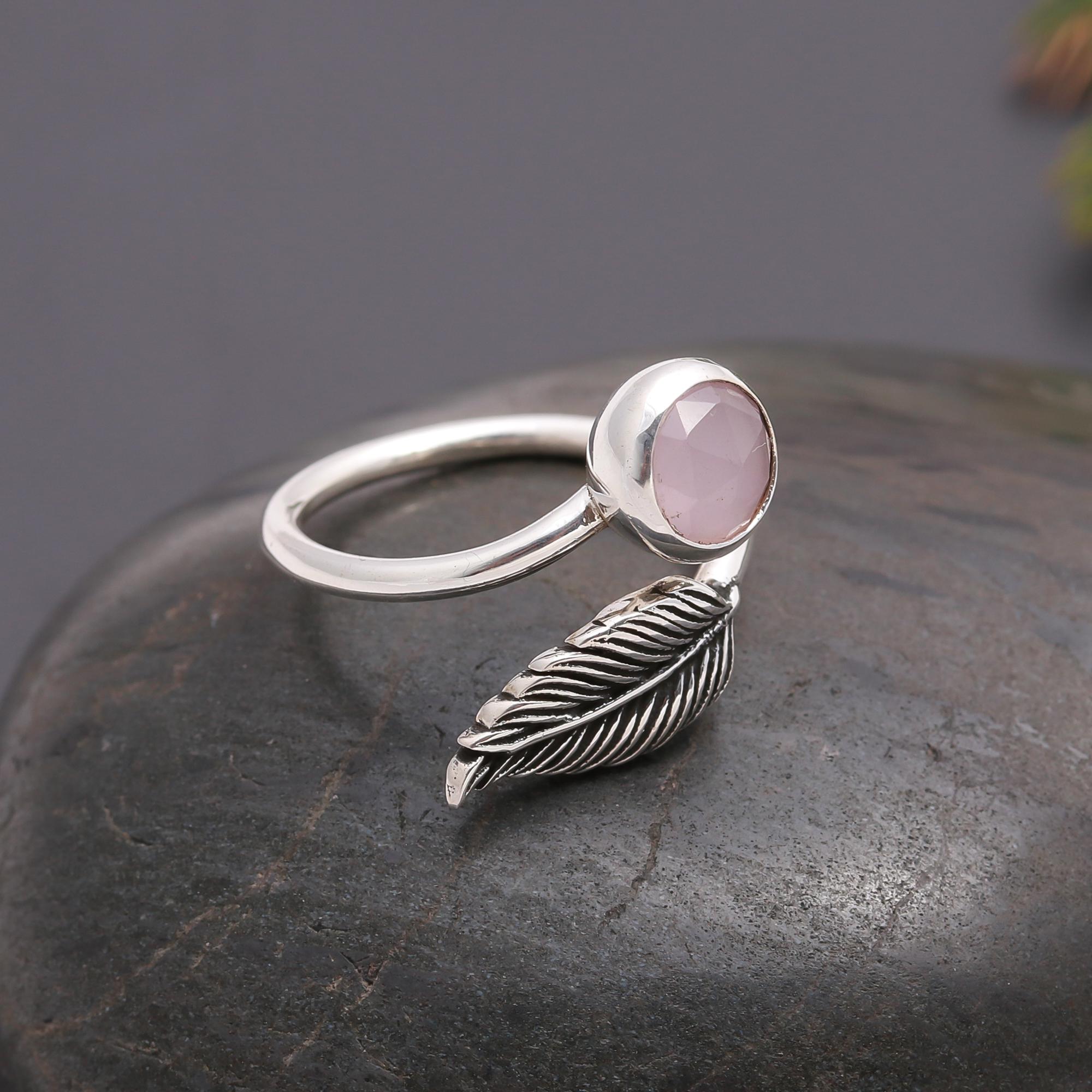 925 Silver Rose Quartz Adjustable Leaf Ring