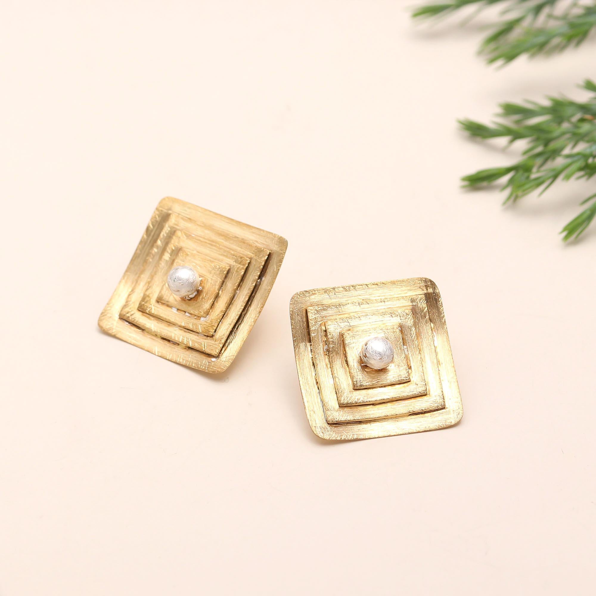 Brass Square Pearl Stud Earrings